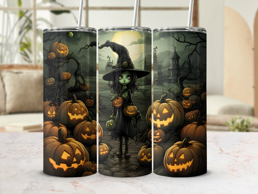 Three tumblers with a Halloween theme, featuring a witch and carved pumpkins in a spooky scene.