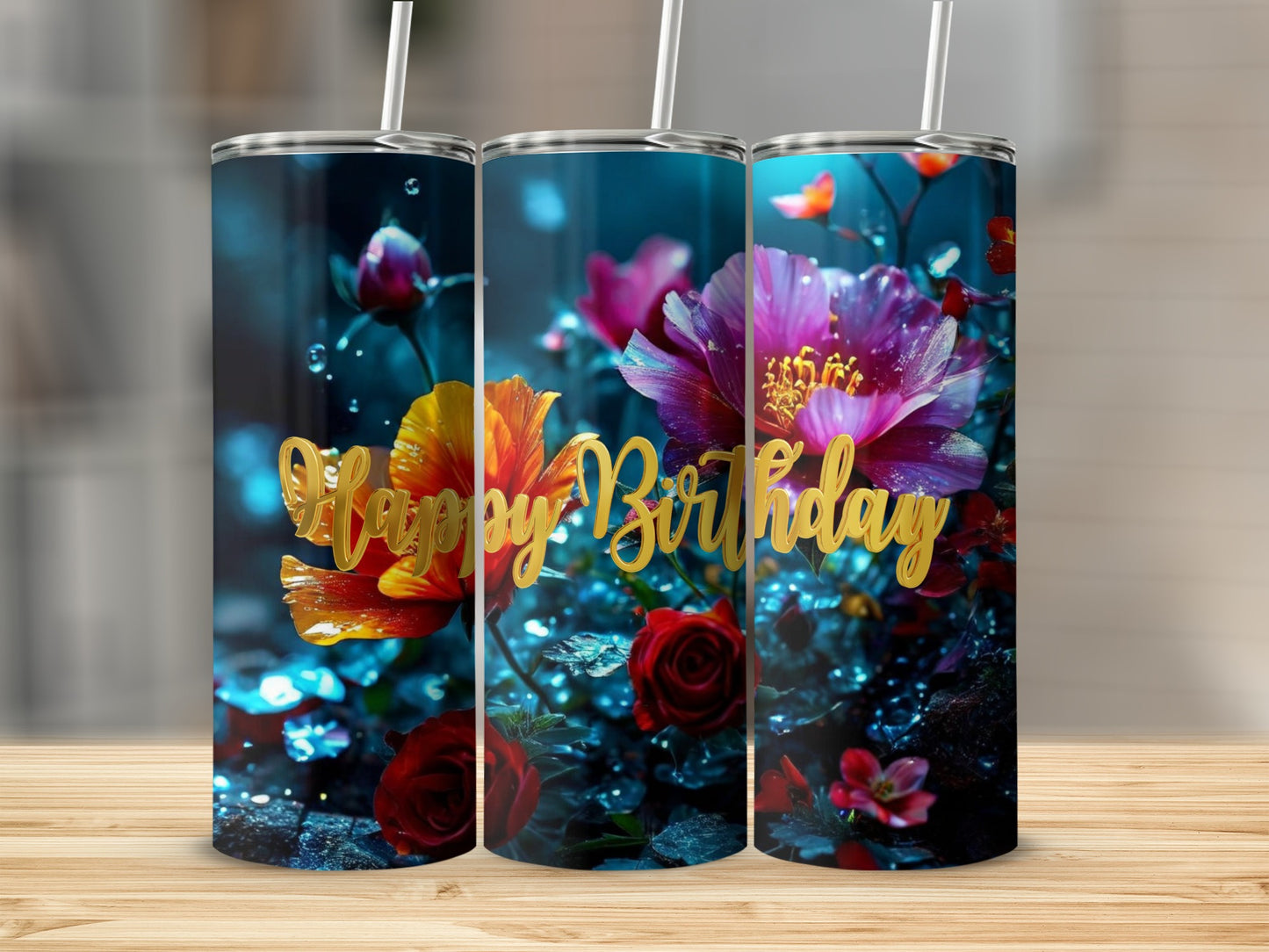 Tumblers with "Happy Birthday" text surrounded by glowing flowers.