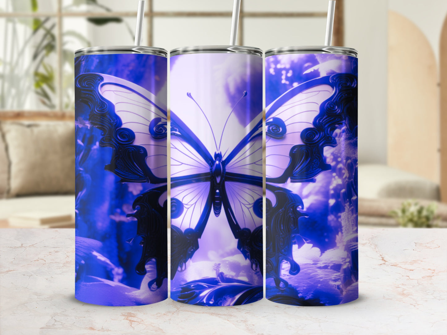 Three tumblers with a purple butterfly design on a blurred background.