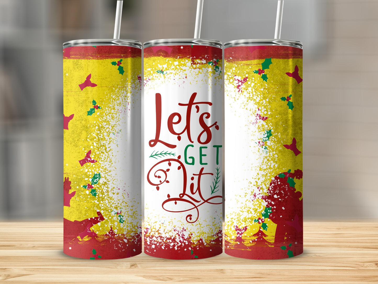 Three tumblers with "Let's Get Lit" design and Christmas motifs.