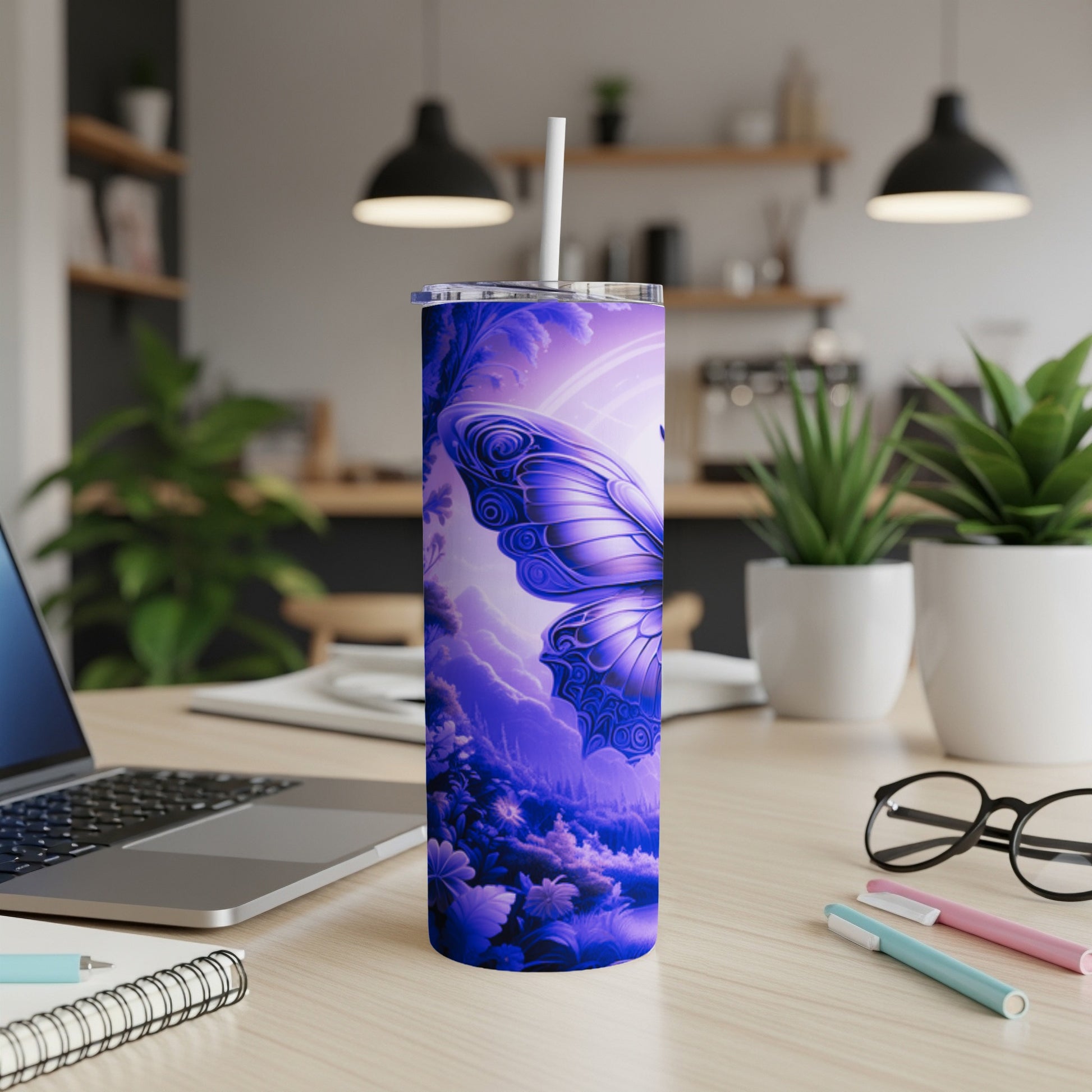 Purple butterfly on a floral background, presented as a tumbler.