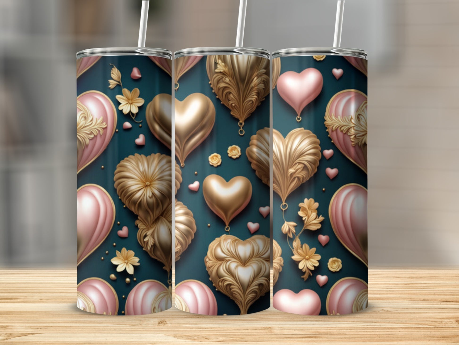 Seamless pattern of golden and blush hearts with floral accents on dark teal.
