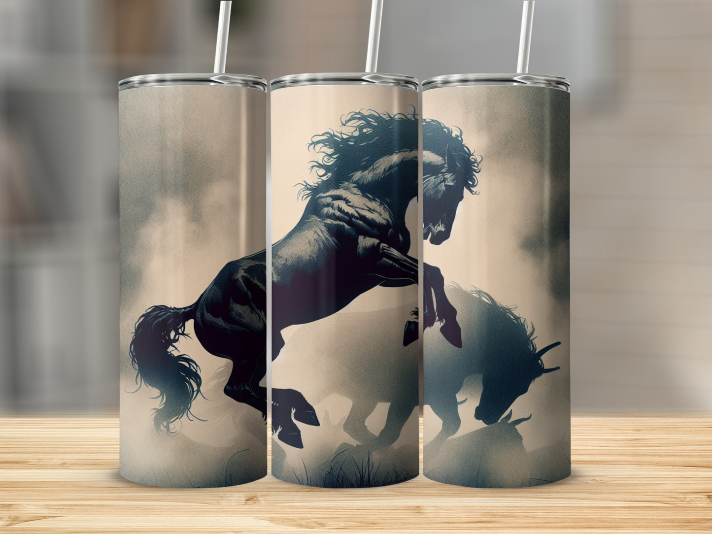 Three tumblers feature a rearing black horse silhouette against a smoky background.