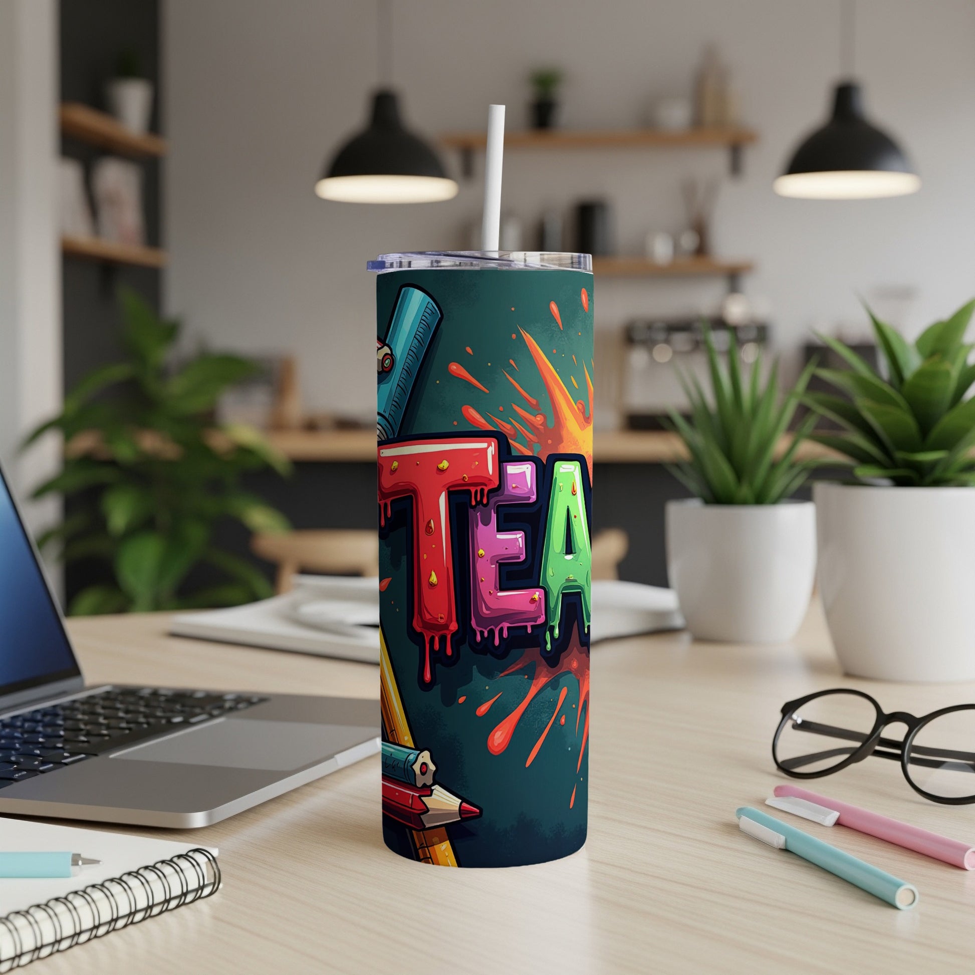 Tall skinny tumbler with "TEAM" in colorful graffiti-style lettering.