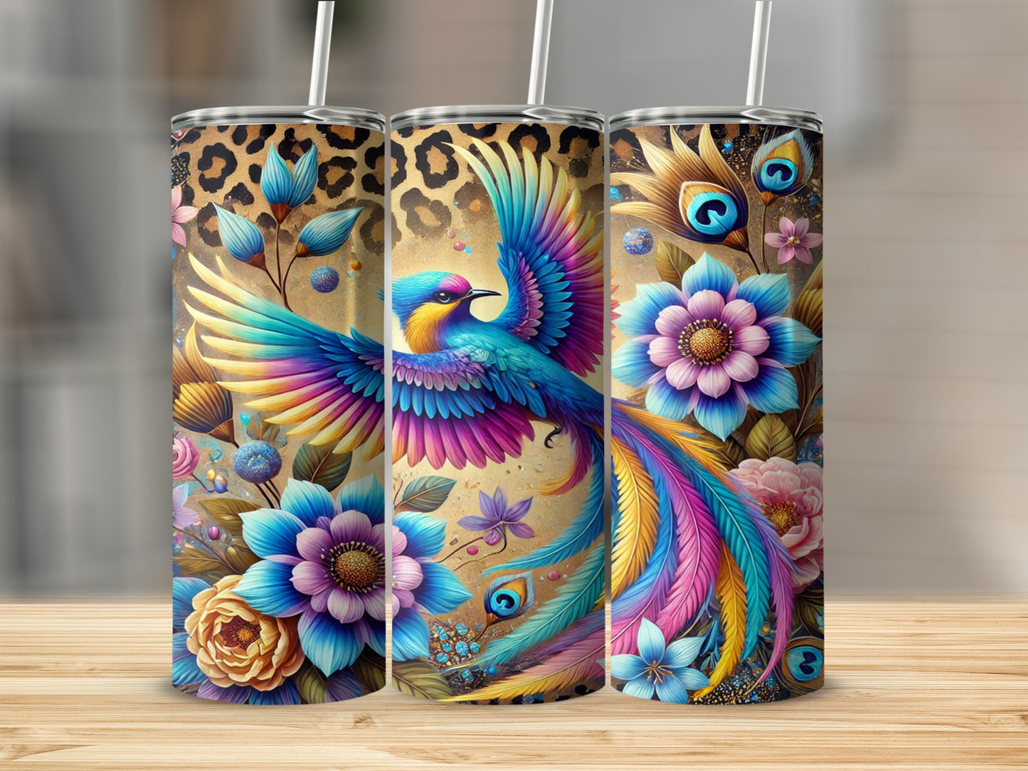 Colorful Floral Tumbler with Vibrant Bird Design