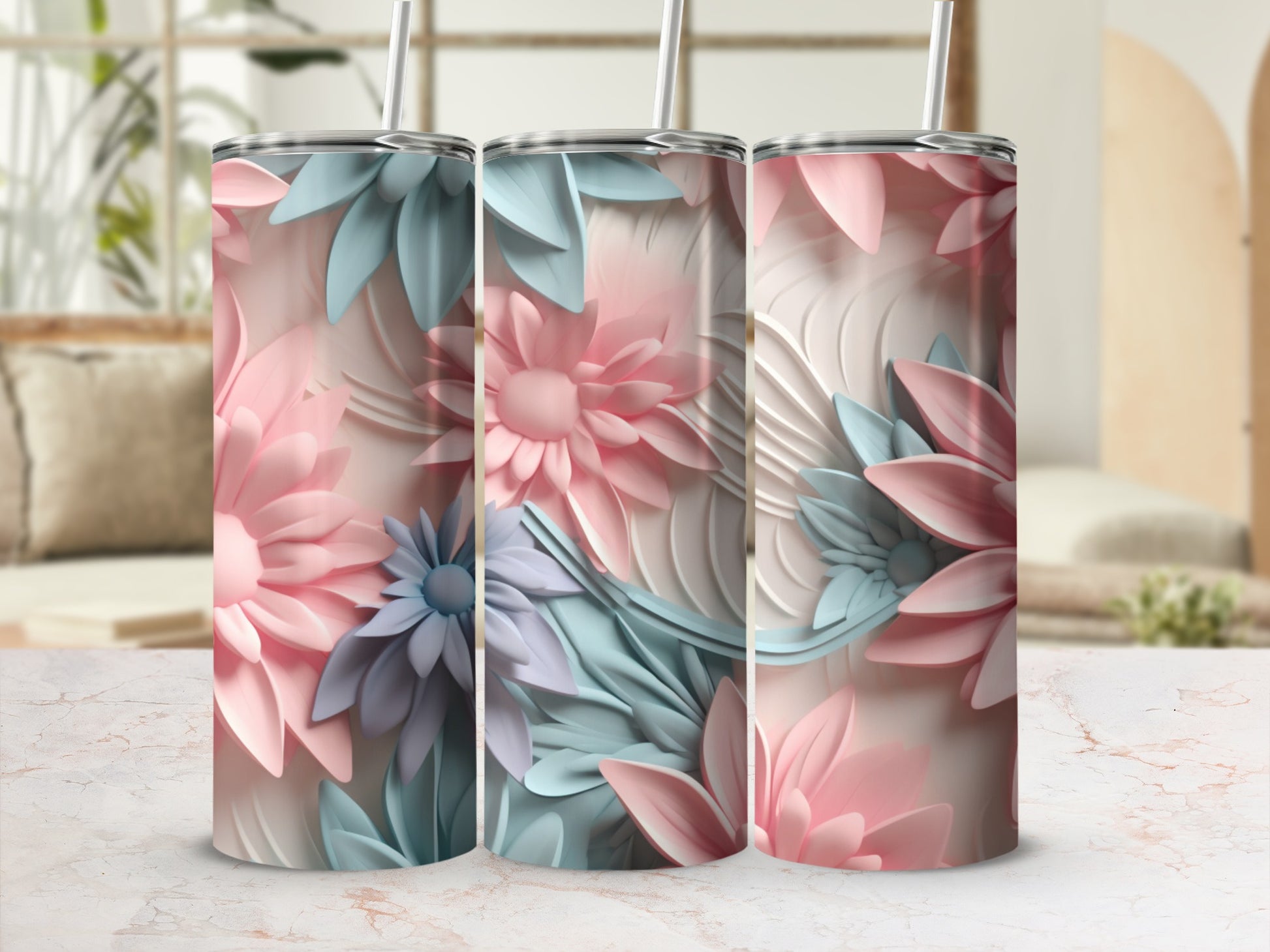 Floral Pattern Insulated Tumbler with Lid and Straw