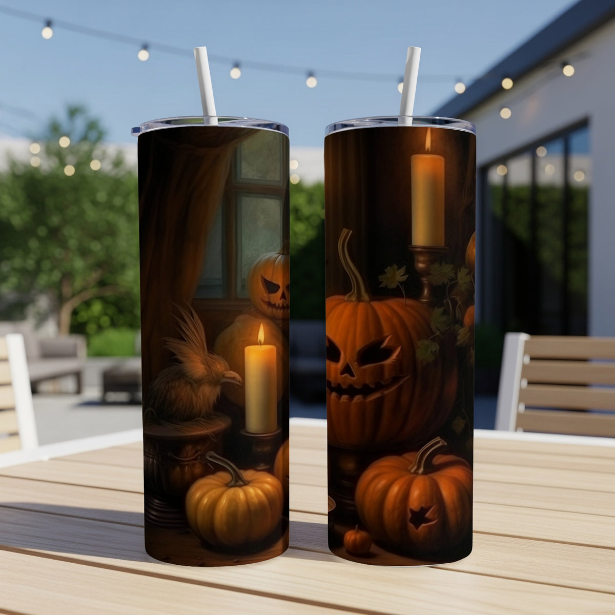 Two tumblers with Halloween designs featuring carved pumpkins, candles, and a bird.
