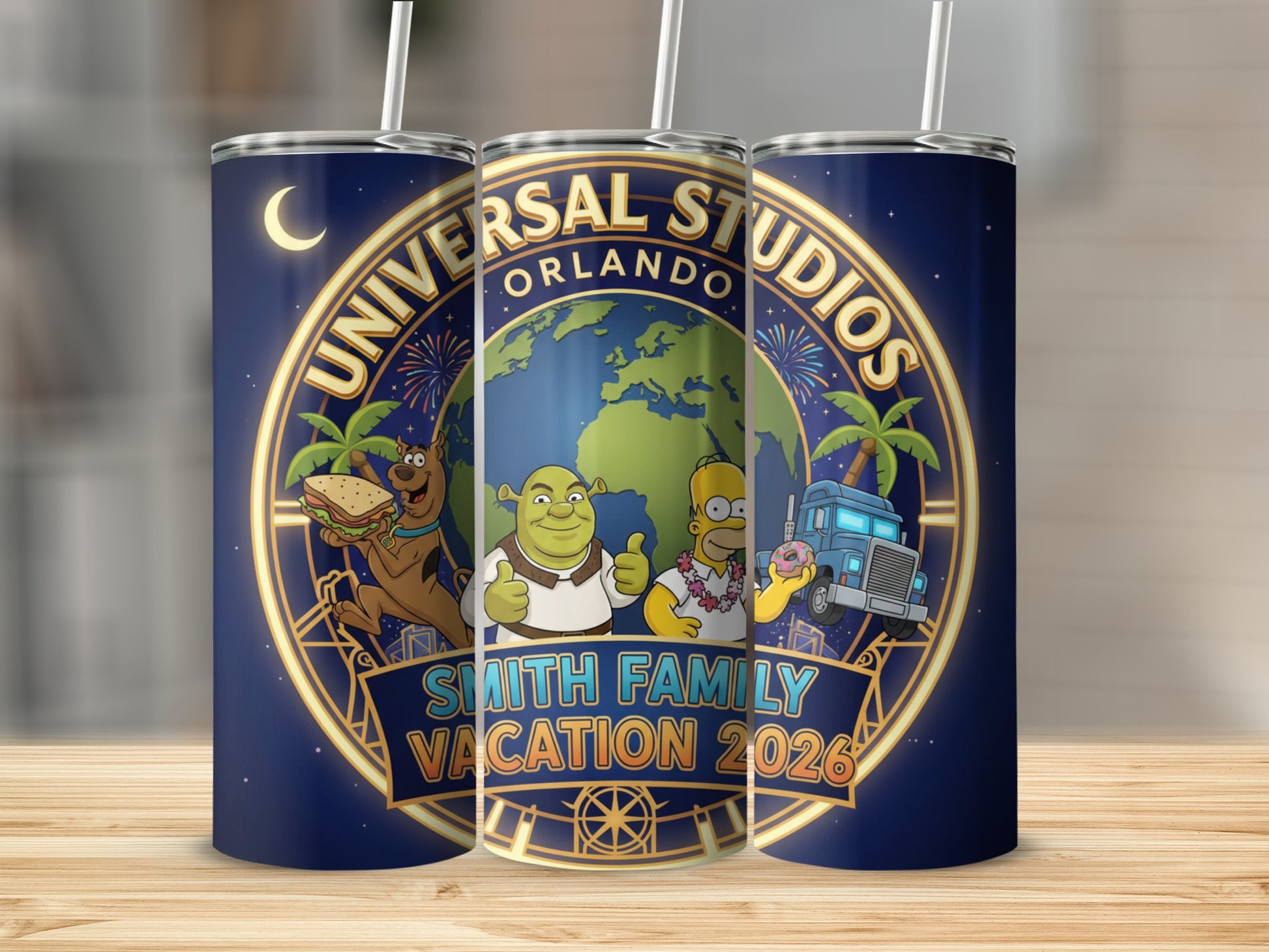 Universal Studios Orlando "Smith Family Vacation 2026" tumbler with characters.