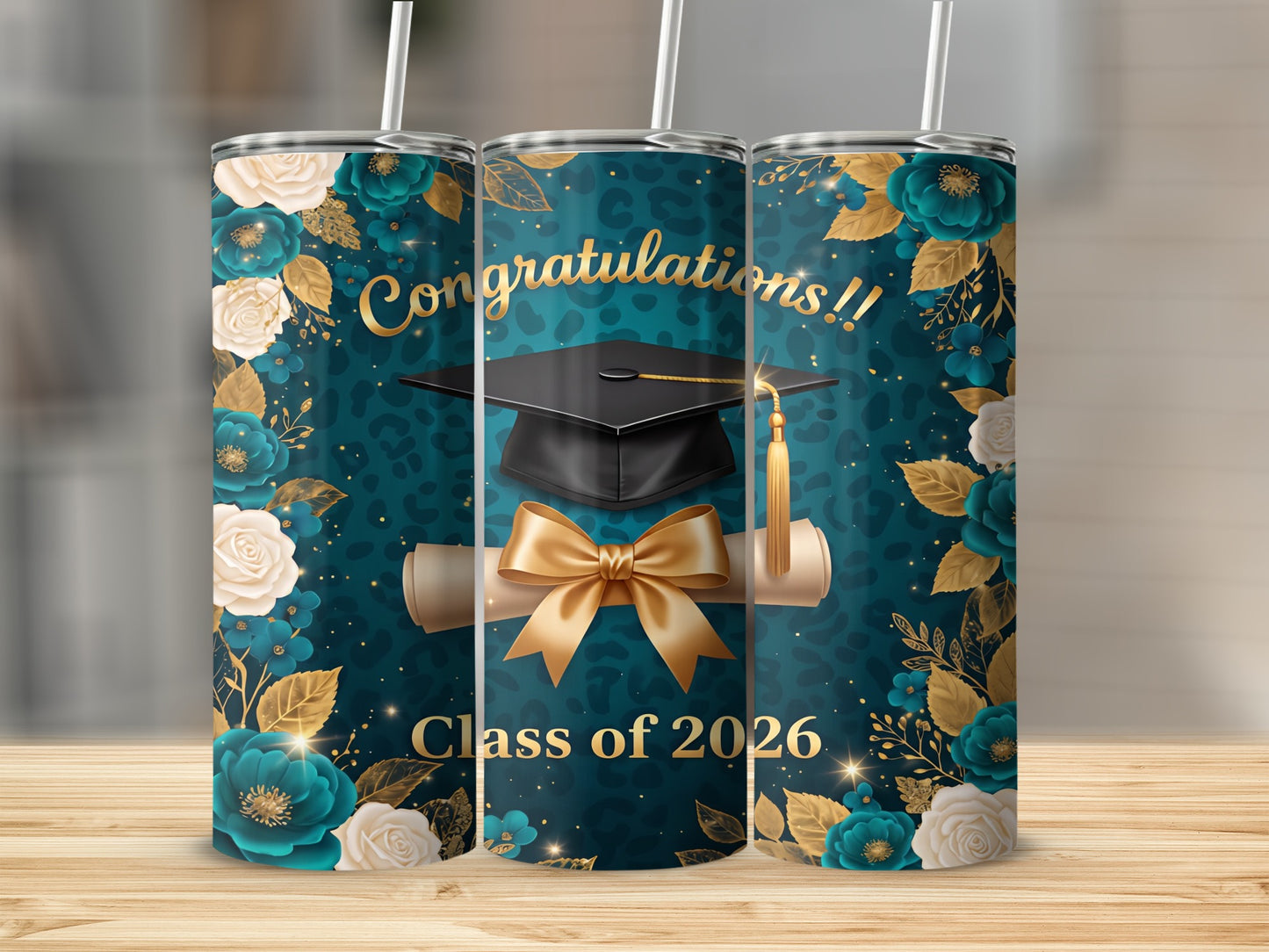 Graduation tumbler with "Congratulations!!" and "Class of 2026" text.