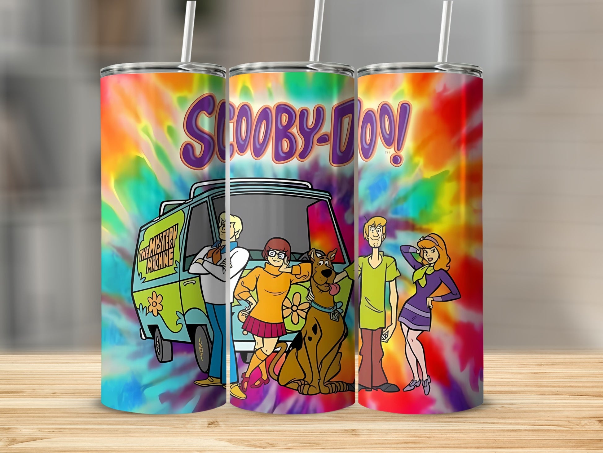 Scooby-Doo characters and Mystery Machine on a colorful tie-dye background.