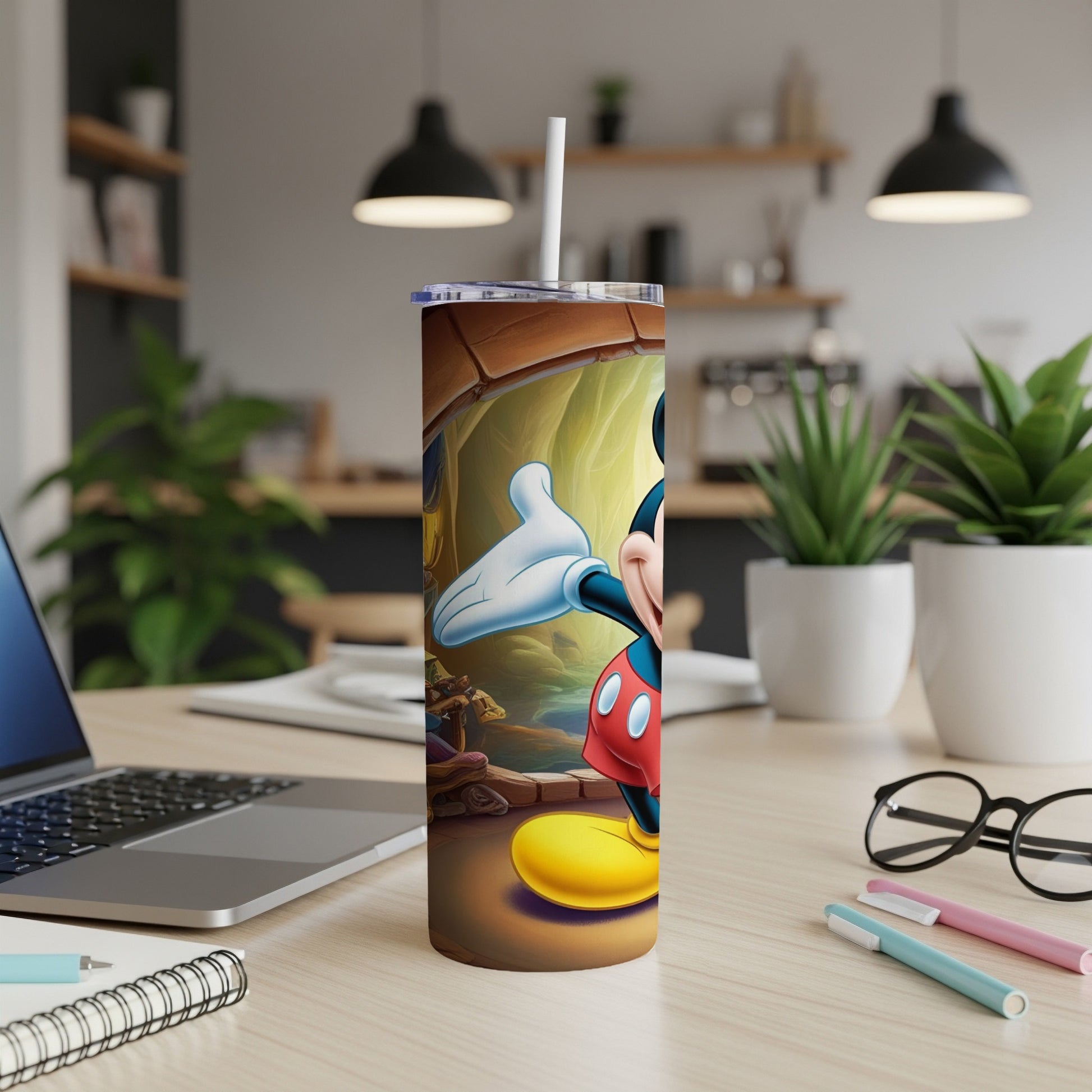 Mickey Mouse in a cartoon landscape on a white tumbler with straw.