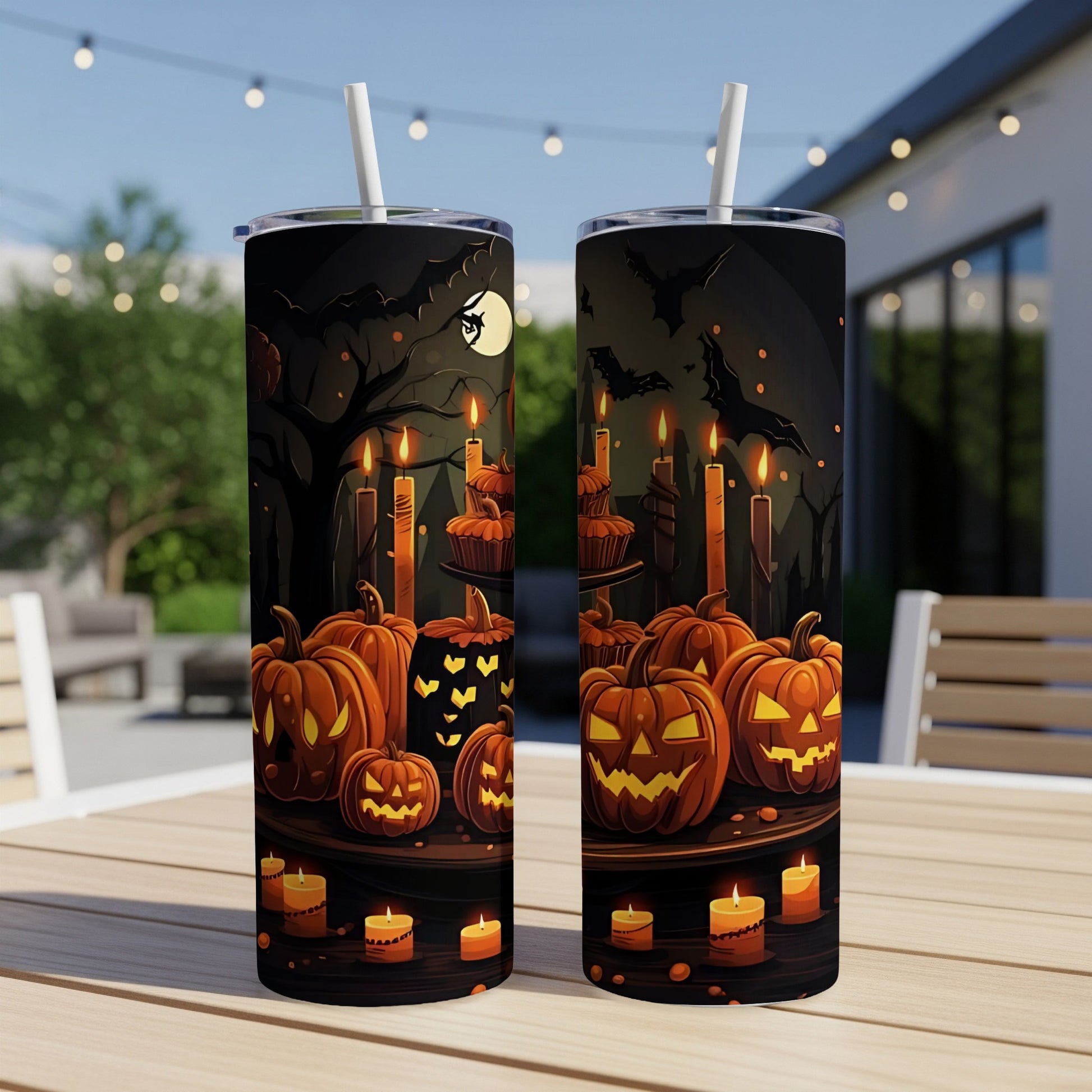 Two tumblers with a Halloween theme featuring jack-o'-lanterns, candles, bats, and a moon.
