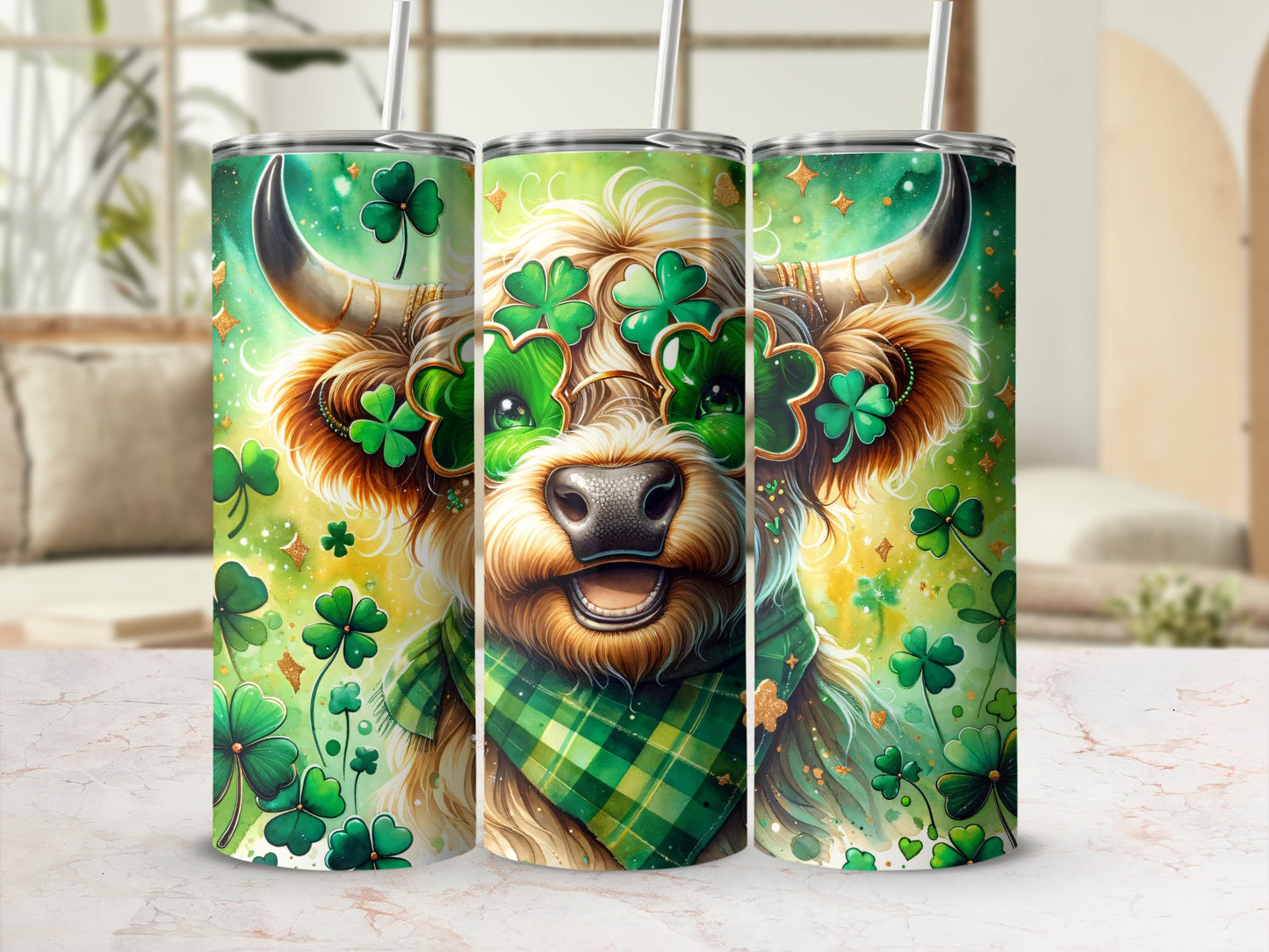 St. Patrick's Day bull wearing clover glasses and a green plaid scarf.