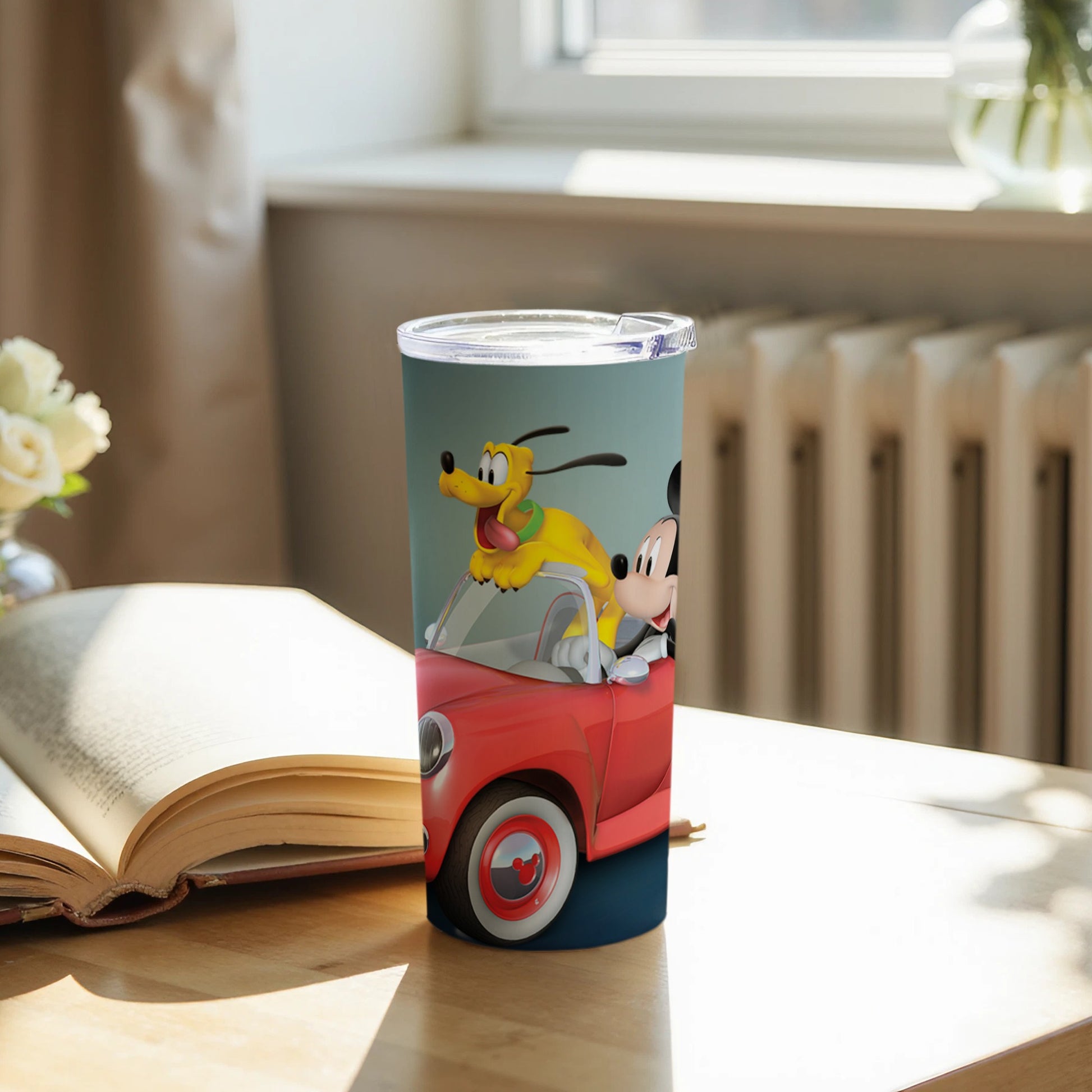 Mickey and Pluto driving red convertible tumbler