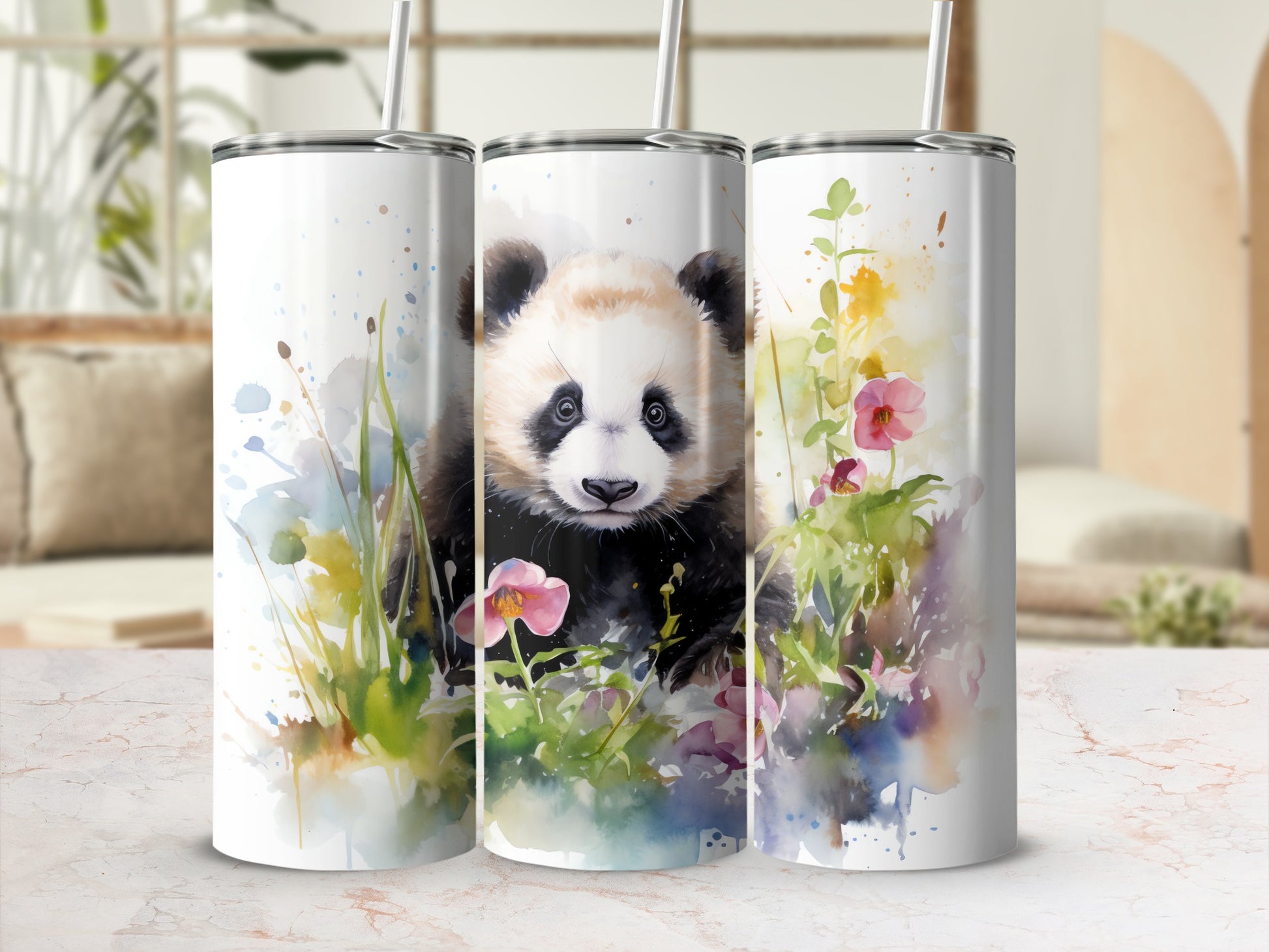 Cute Baby Panda Watercolor Floral Splatters Tumbler product type