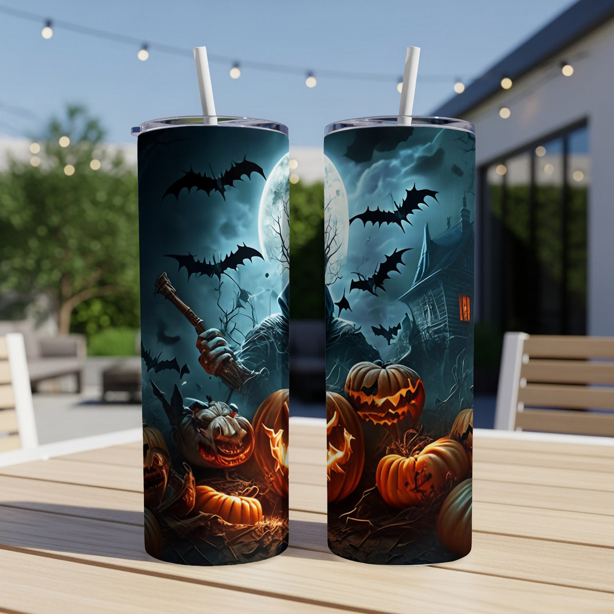 Two tumblers with a spooky Halloween scene featuring a grim reaper, bats, and jack-o'-lanterns.