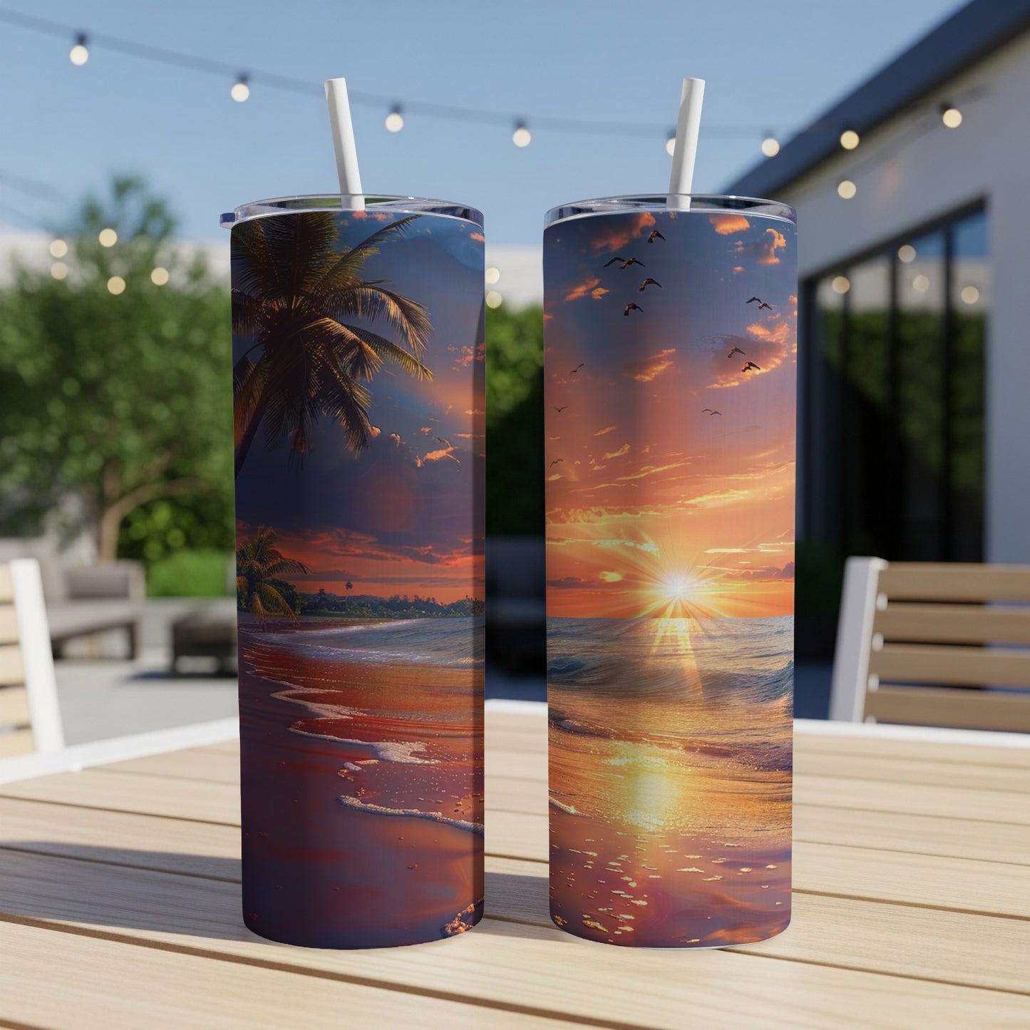 Two tumblers with a tropical beach sunset scene.