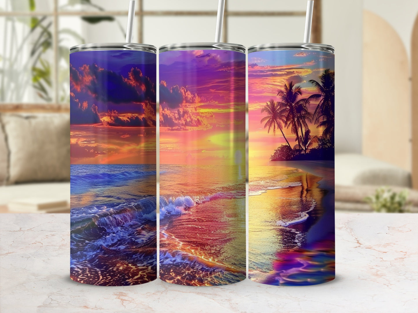 Three tumblers displaying a vibrant beach sunset scene with palm trees and ocean waves.