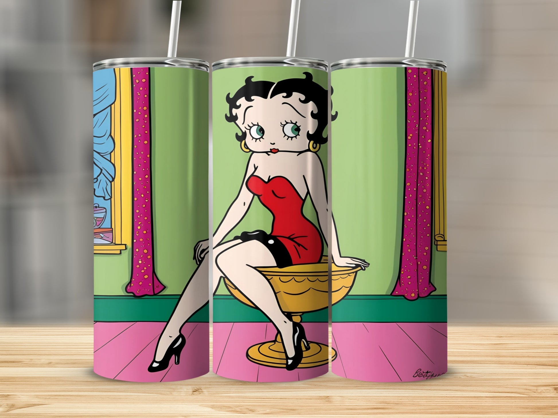 Betty Boop in red dress sitting on gold stool with curtains.