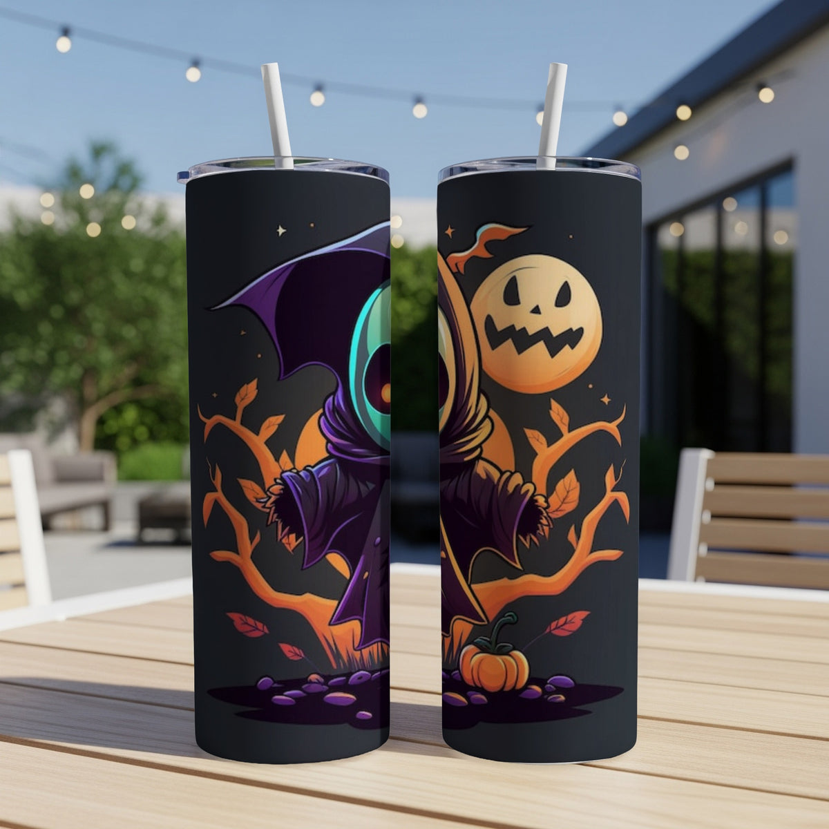 Two tumblers with Halloween grim reaper and jack-o-lantern designs on a table.