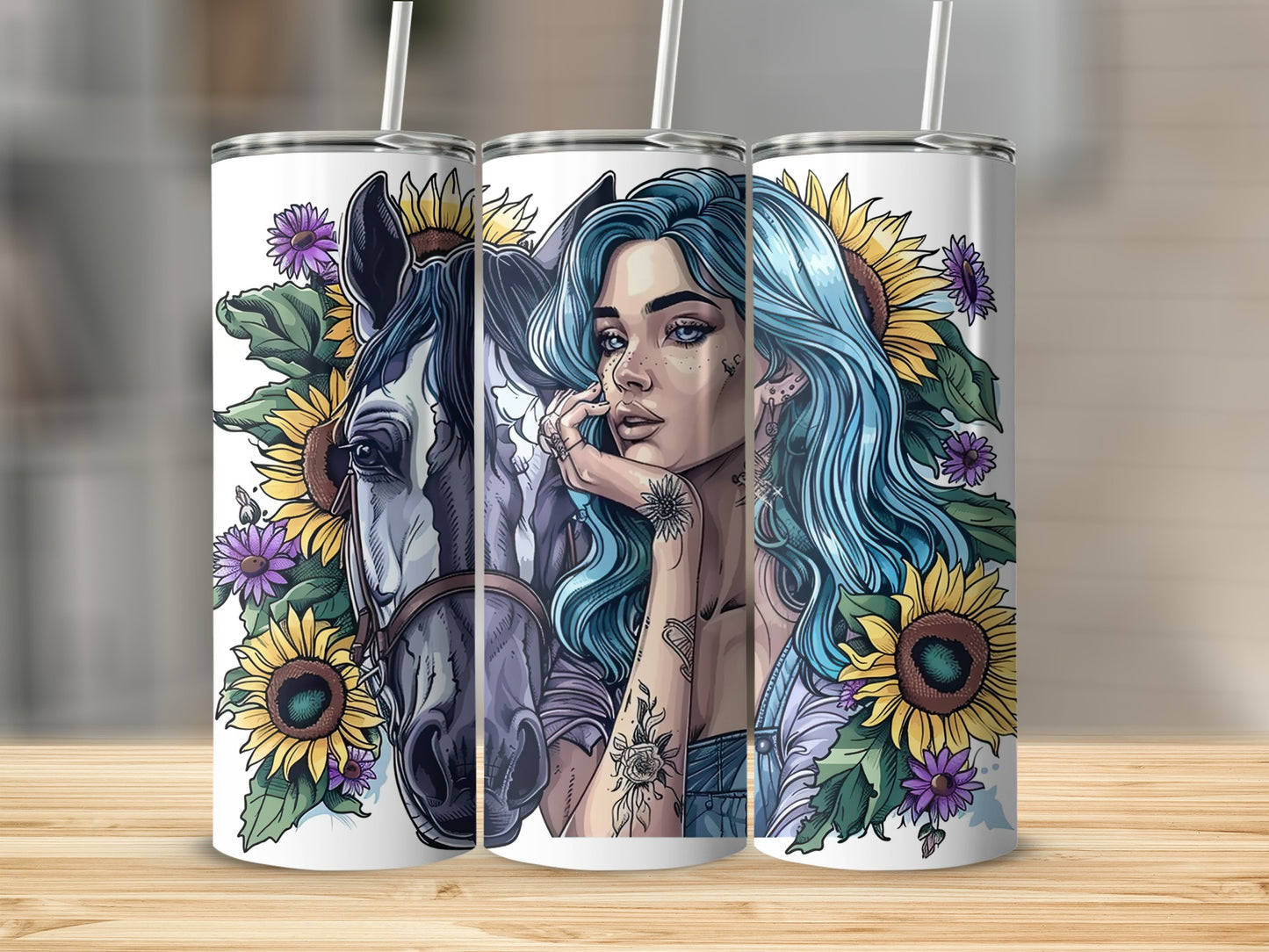 Woman with blue hair and sunflowers next to a horse on a tumbler.