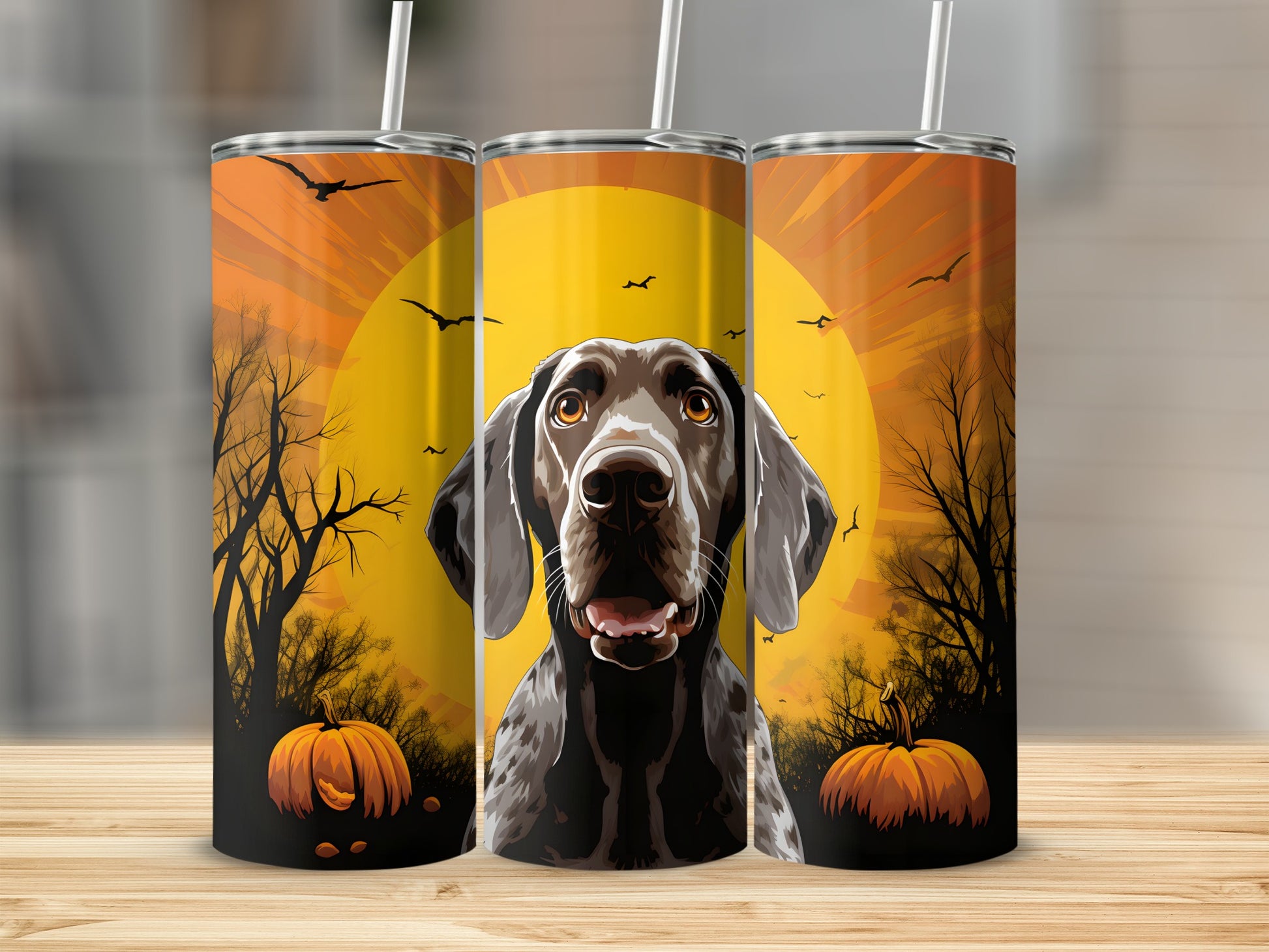 Dog portrait with Halloween scene on tumblers.