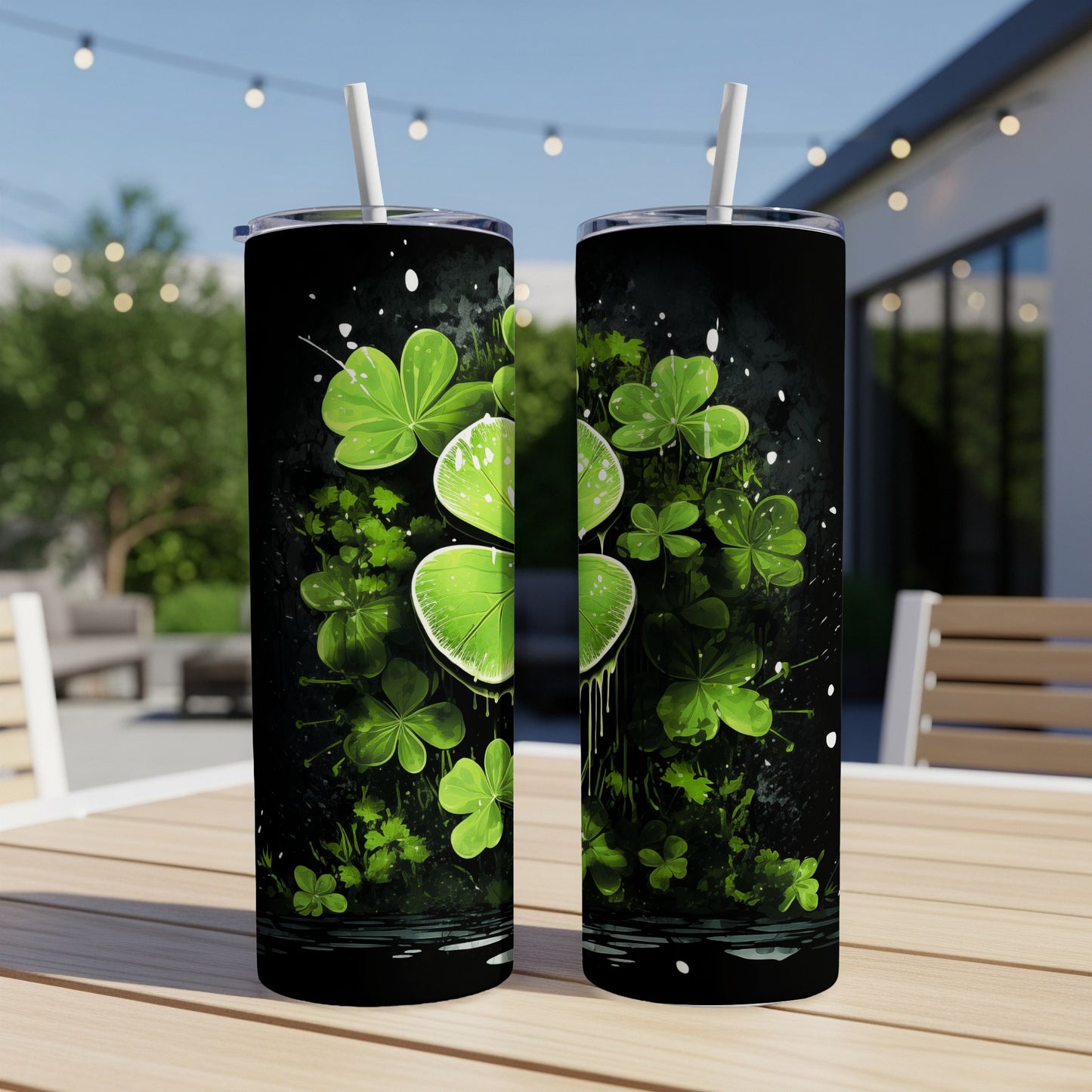 Two tumblers featuring a vibrant shamrock and clover design on a dark background.
