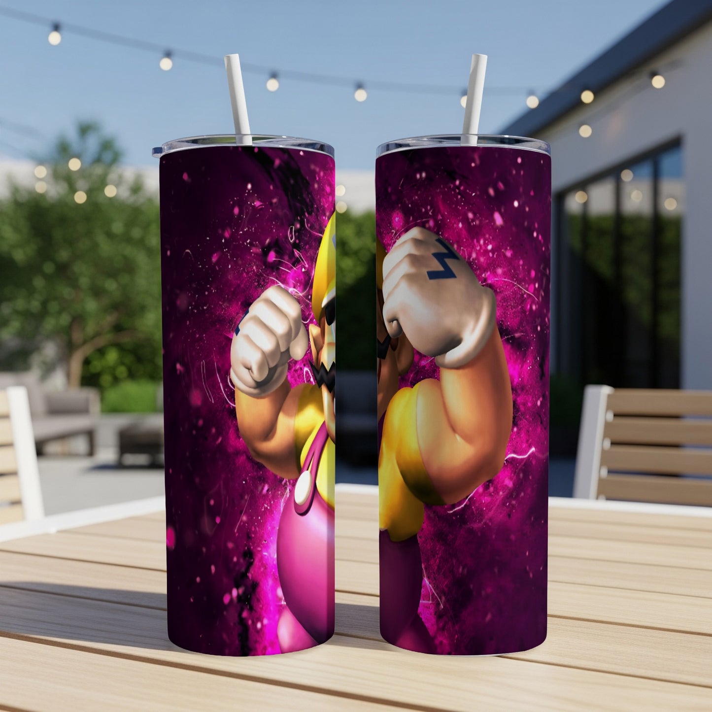 Wario character design on two tumblers, one angled, with pink lightning effect.