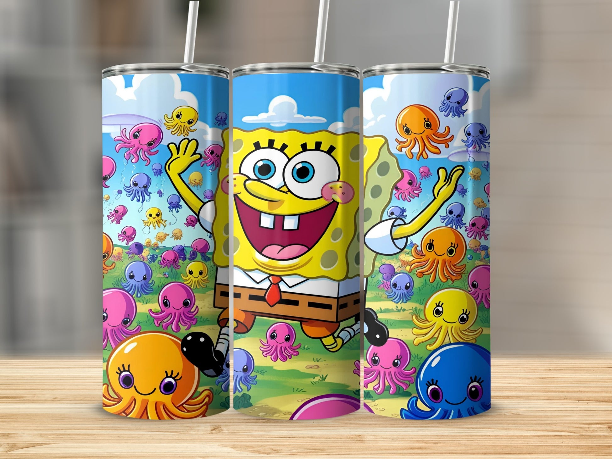 SpongeBob SquarePants and colorful jellyfish on a tumbler.