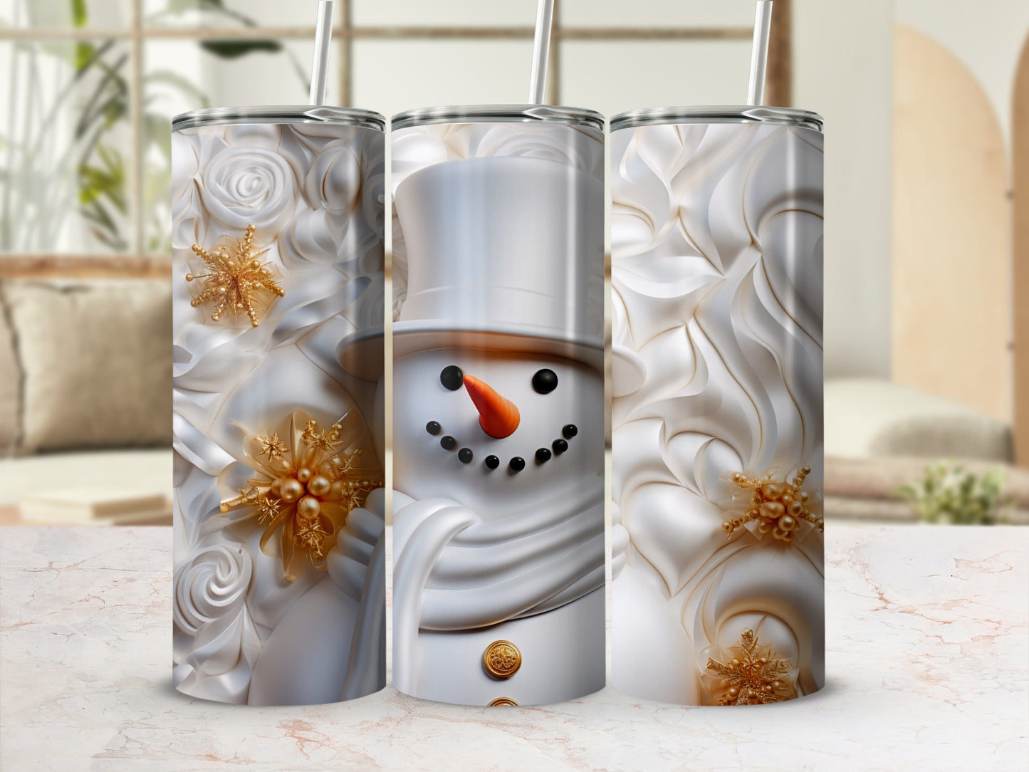 Elegant Snowman and Floral Design Tumbler Cups