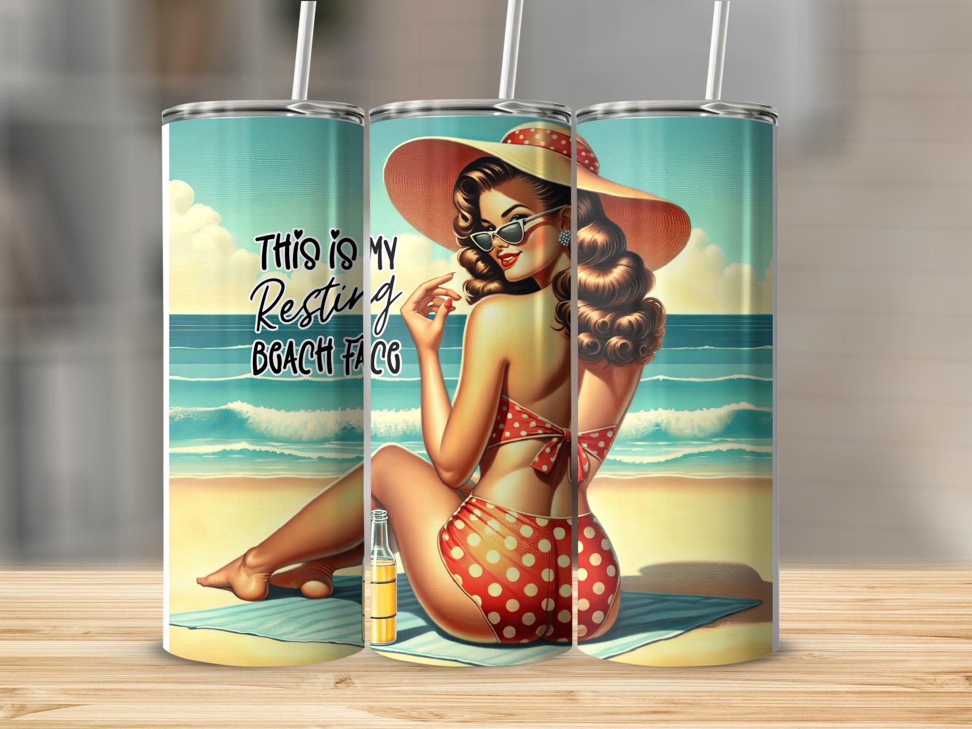 Pin-up woman in red polka dot bikini on beach, "This is my Resting Beach Face" text.
