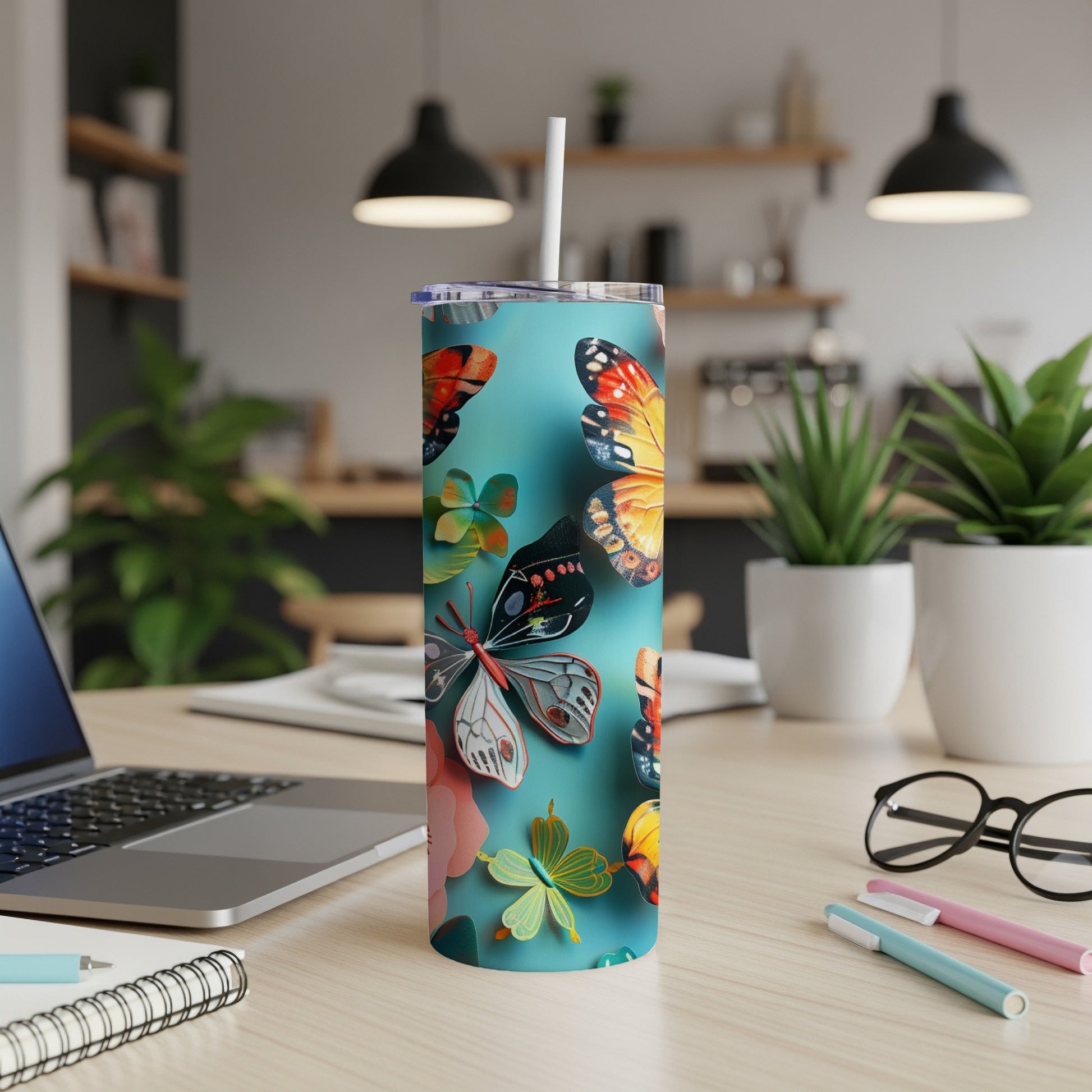 Tall tumbler with colorful butterflies and clover pattern.