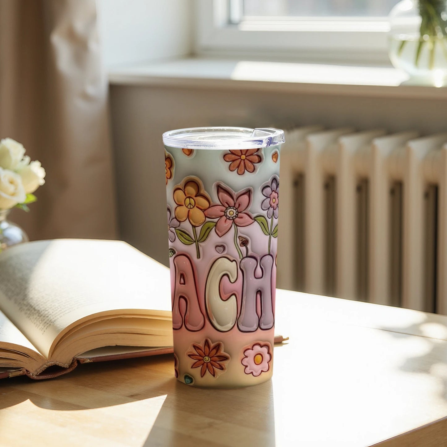Peach floral illustrated tumbler with lid product