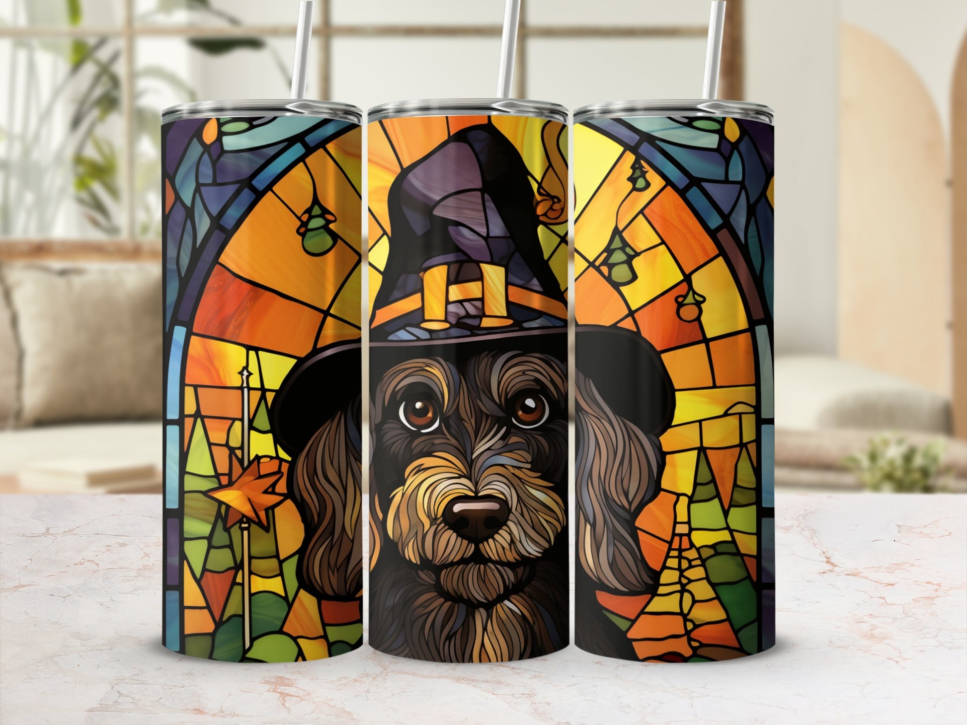Dachshund wearing a witch hat against a stained glass background.