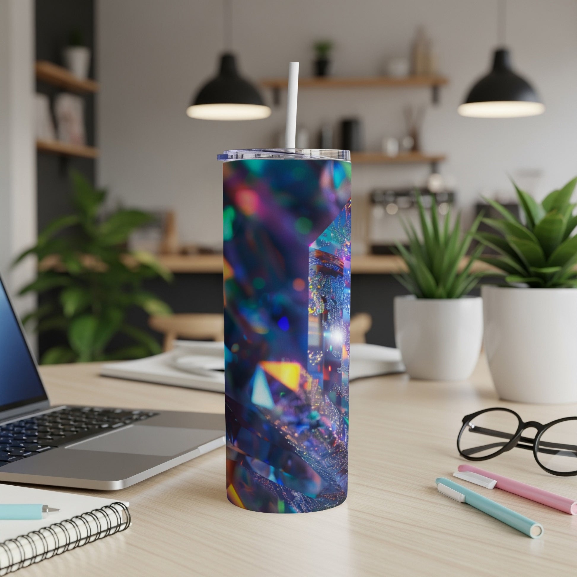 Iridescent geometric tumbler with straw on a desk next to a laptop.