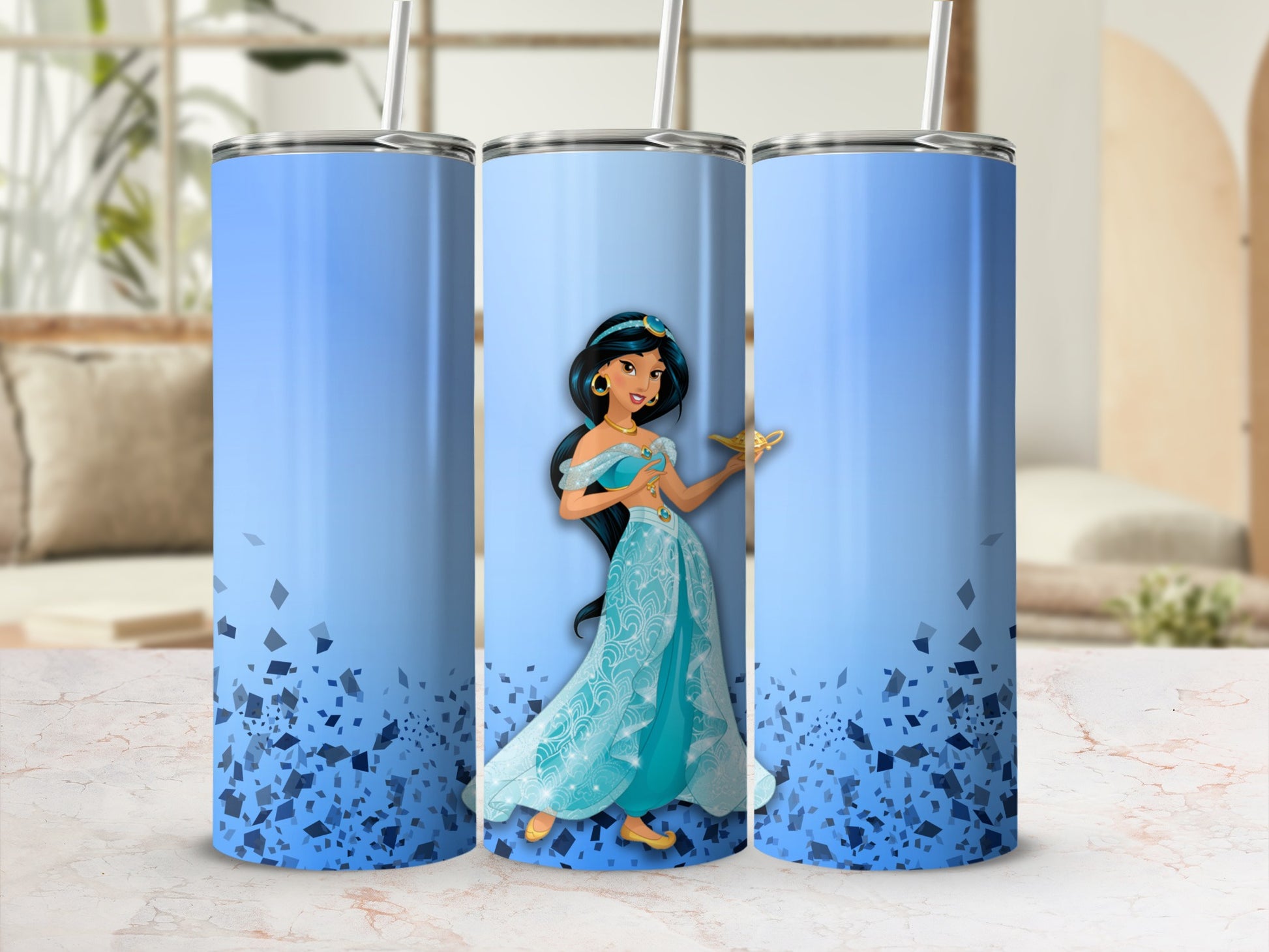 Princess Jasmine Inspired Blue Tumbler Cup With Straw