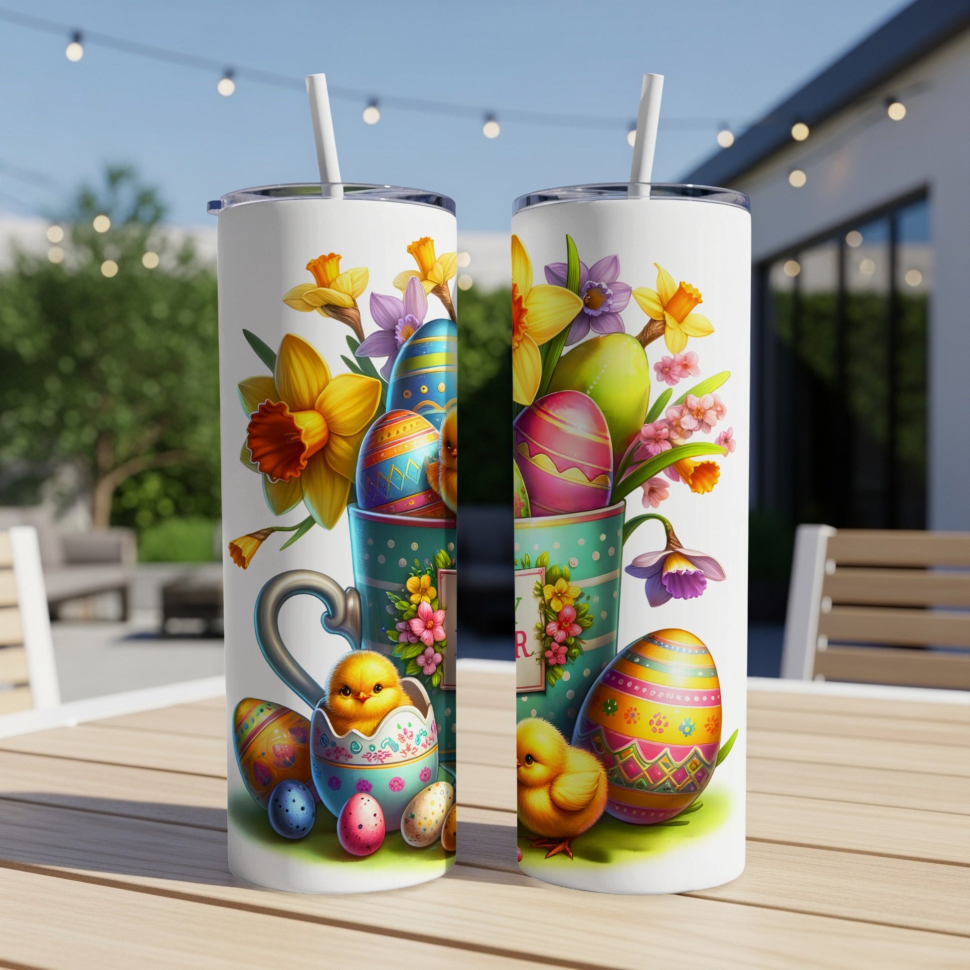Two Easter-themed tumblers with chicks, eggs, and daffodils in a garden setting.
