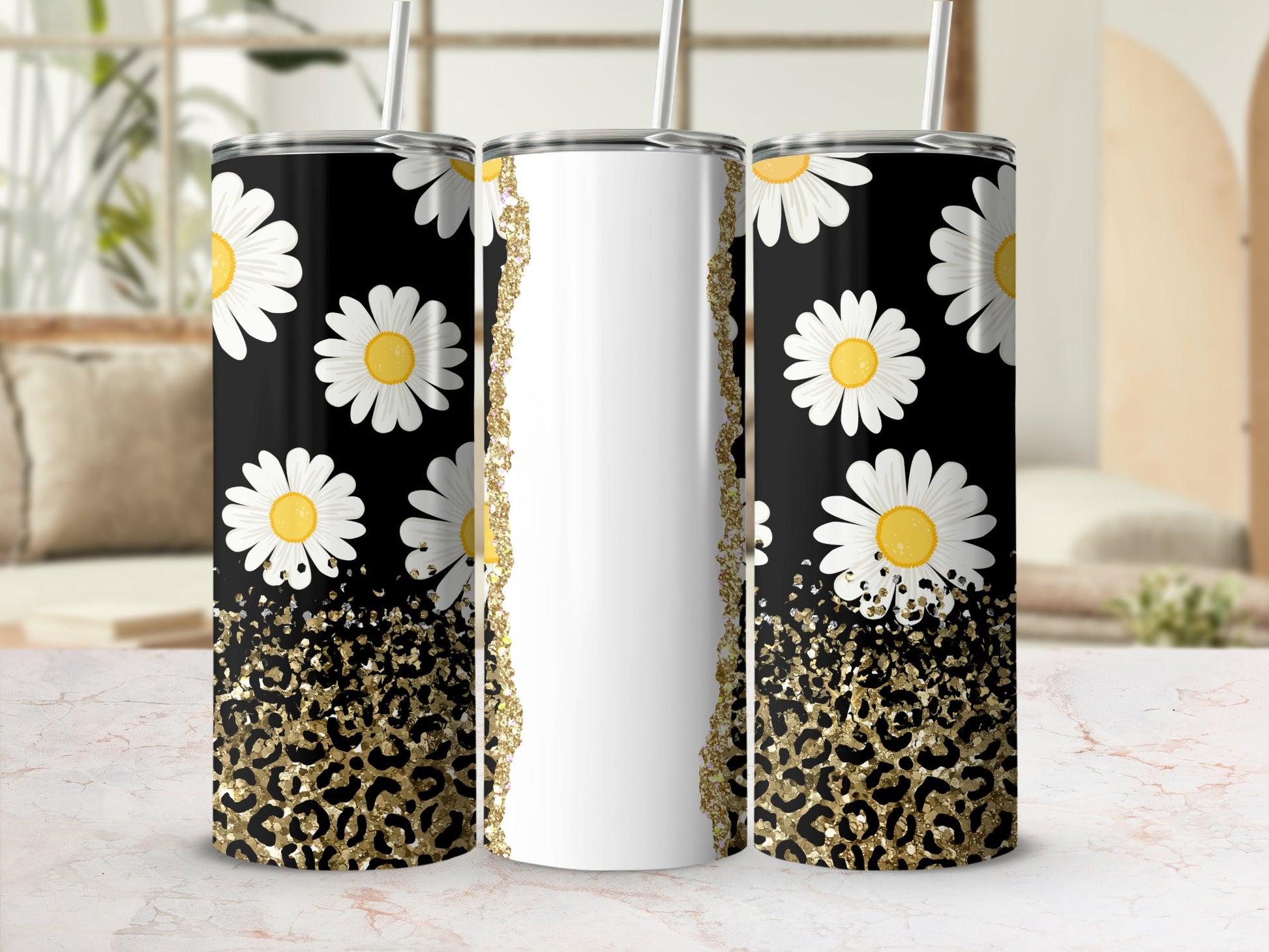 Black tumbler with white daisies, gold glitter, and leopard print.