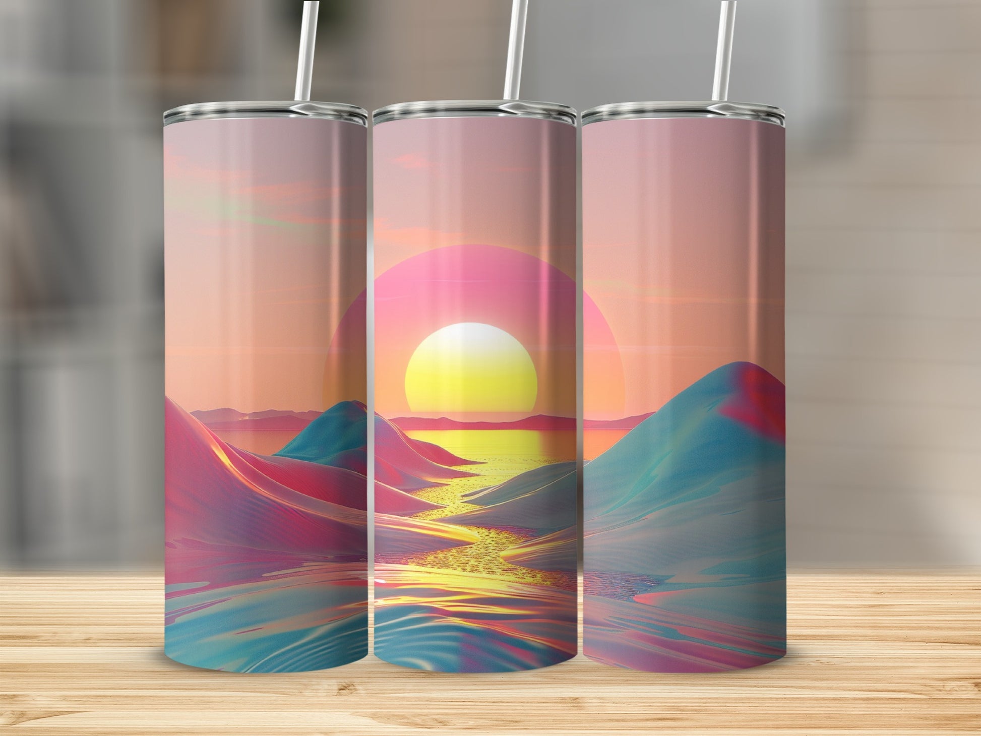 Three tumblers displaying a sunset over colorful, abstract mountains and water.