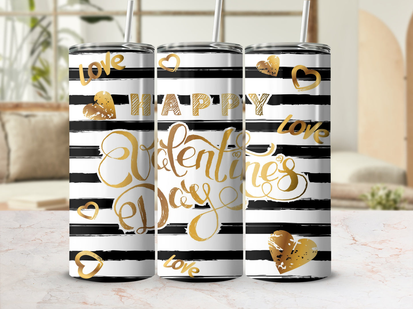 Happy Valentine's Day Gold Hearts Black Stripes Tumbler product type