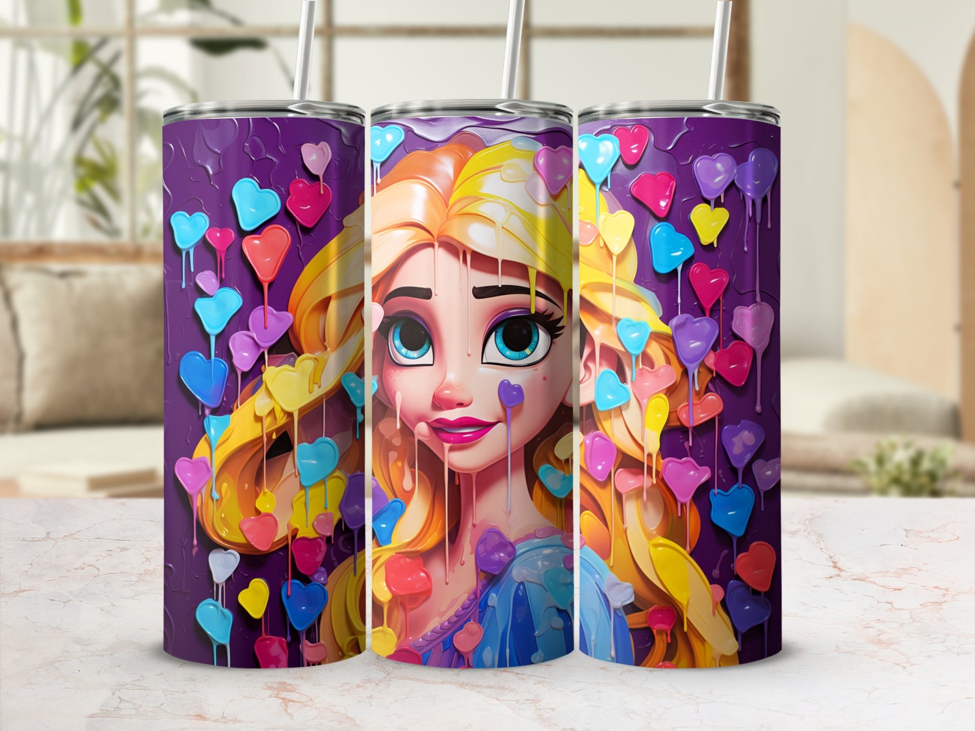 Vibrant Hearts and Blonde Cartoon Character Tumbler