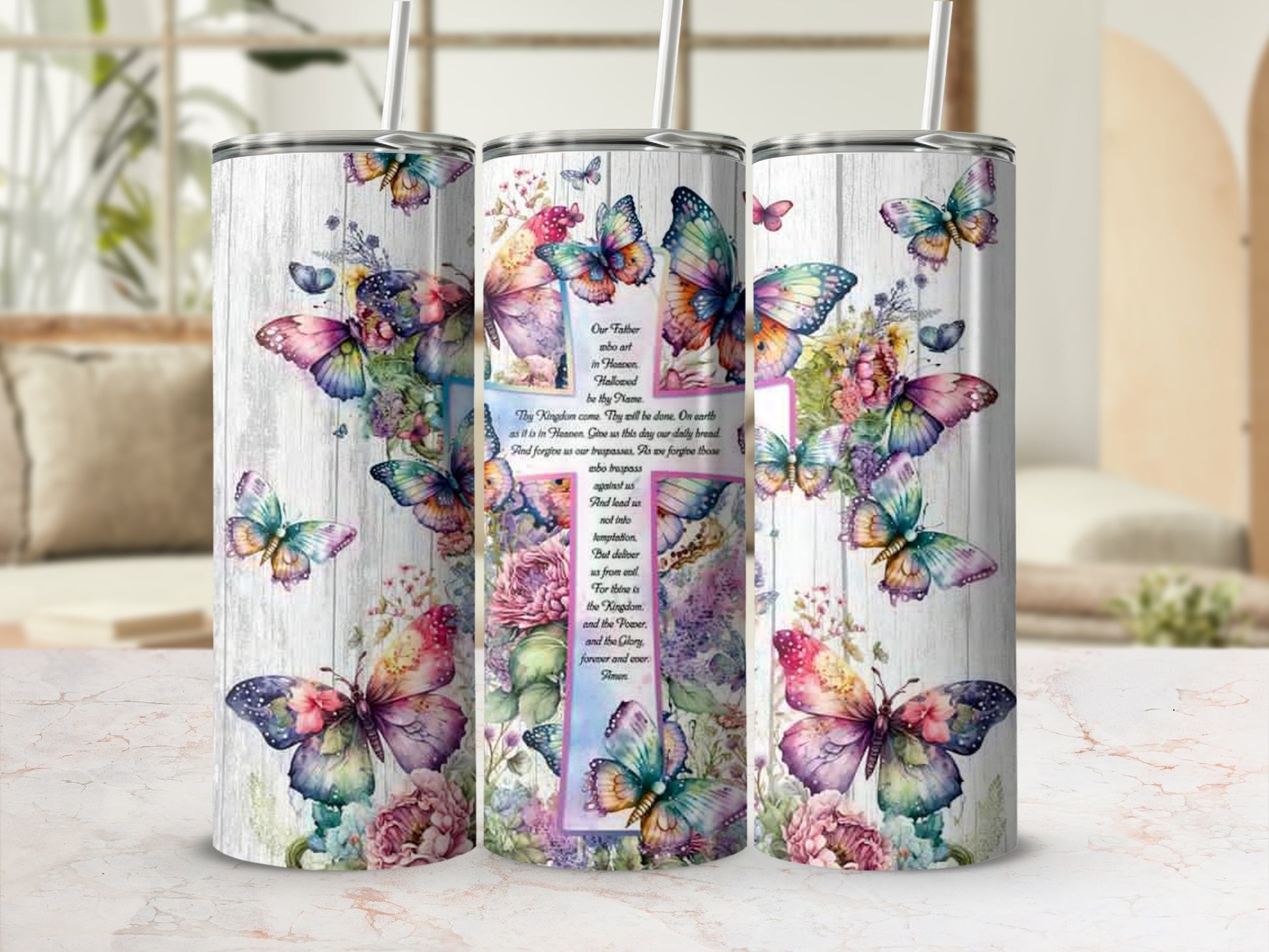 Colorful Butterflies and Flowers Design Tumbler