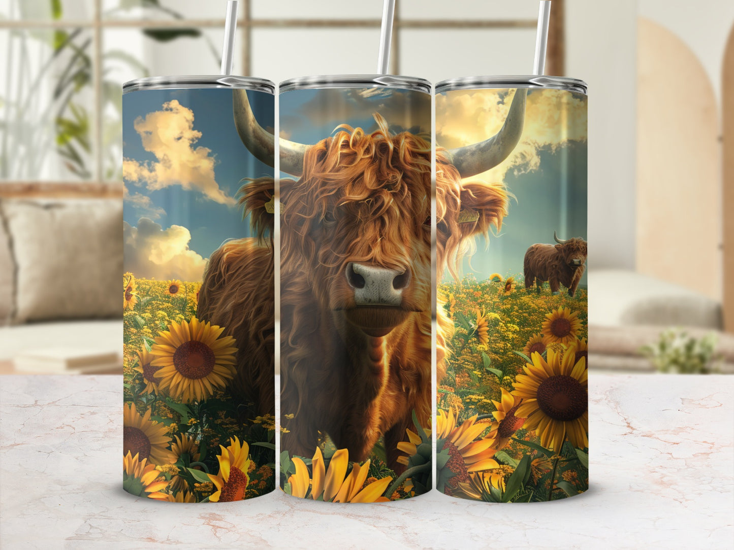 Highland cow in a sunflower field on a tumbler.