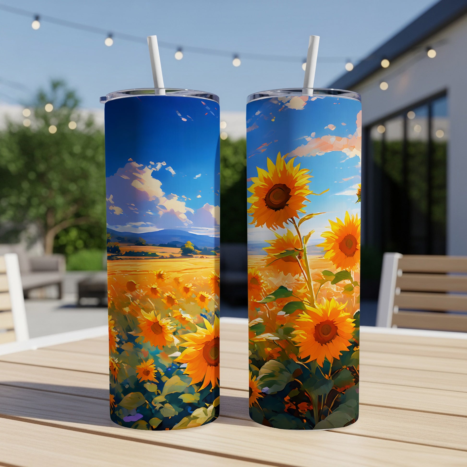 Two tumblers with a sunflower field and sky design sit on a wooden table.