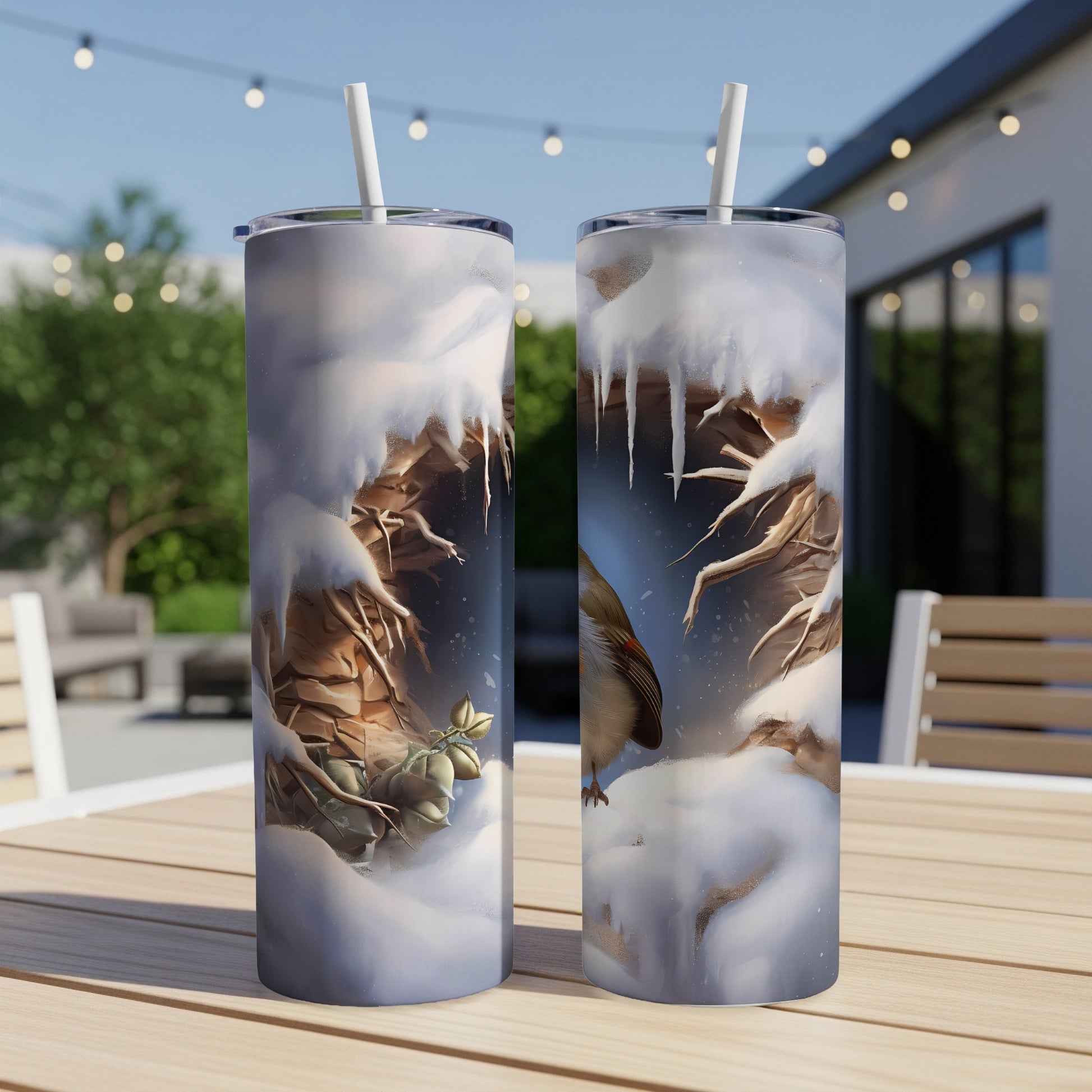 Two tumblers featuring a robin in a snowy tree with icicles.