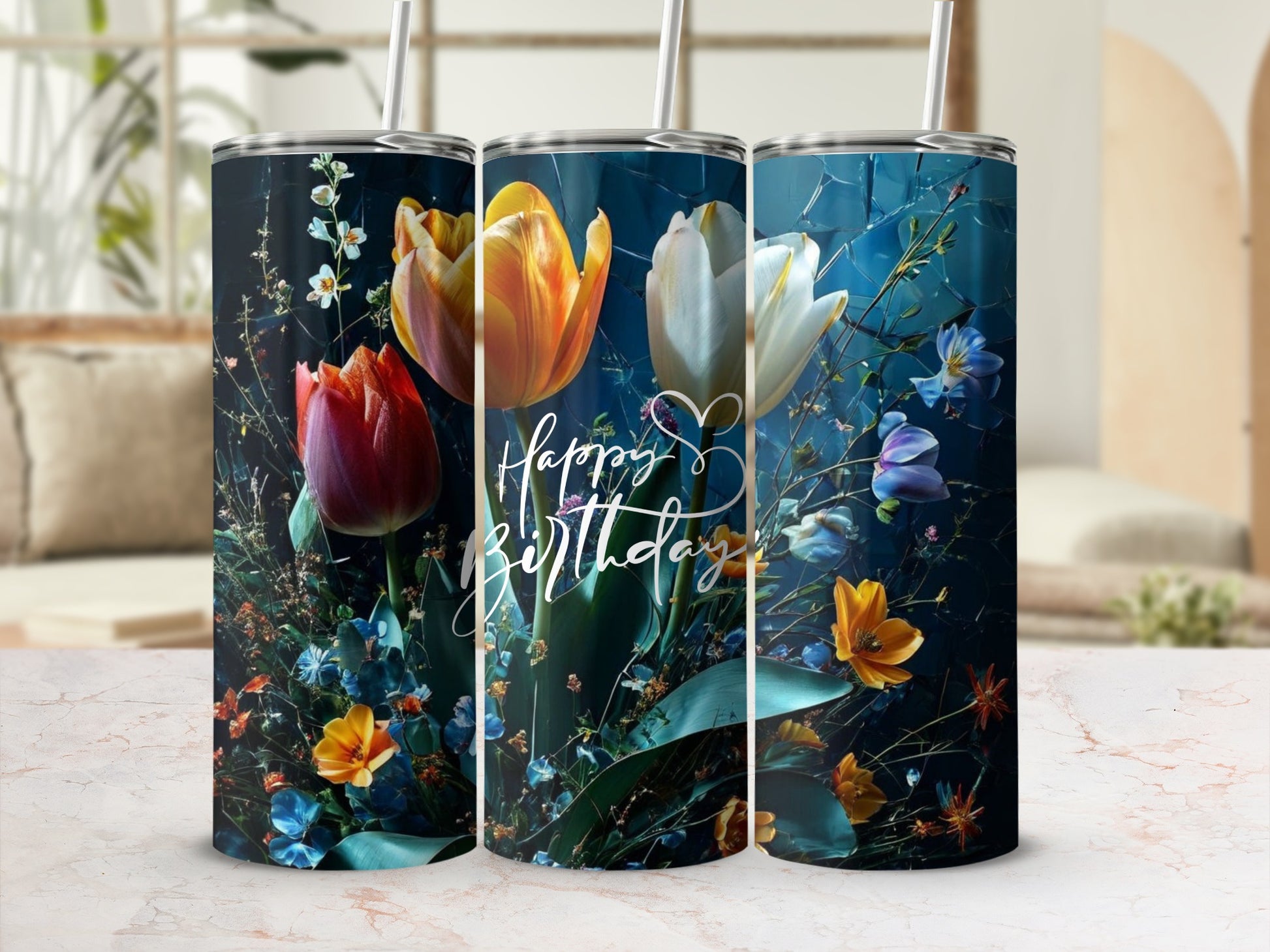 Floral tumbler with "Happy Birthday" text, featuring tulips and wildflowers.