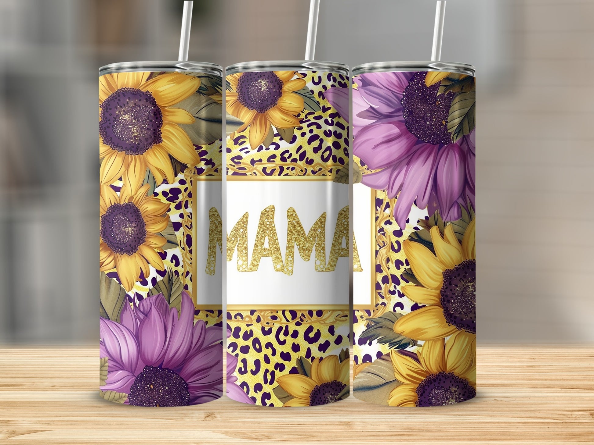 Sunflower and Leopard Print Mama Tumbler Cup Coffee