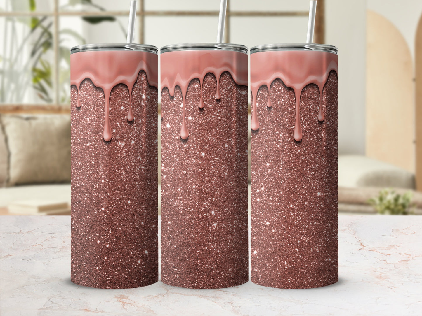 Sparkling Rose Gold Glitter Tumbler with Melting Drips