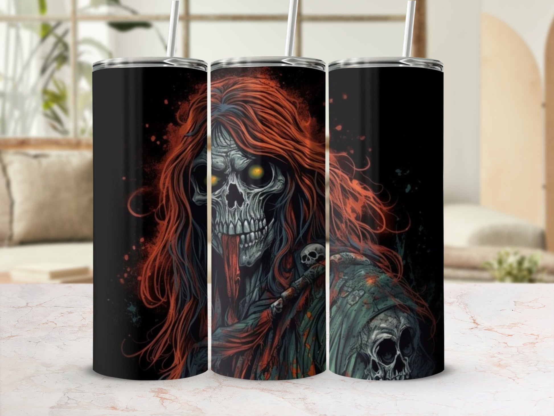 Spooky Skeleton with Red Hair Tumbler Halloween Theme