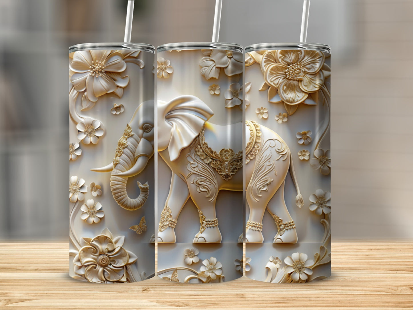 Embossed elephant with floral accents on a textured white tumbler.
